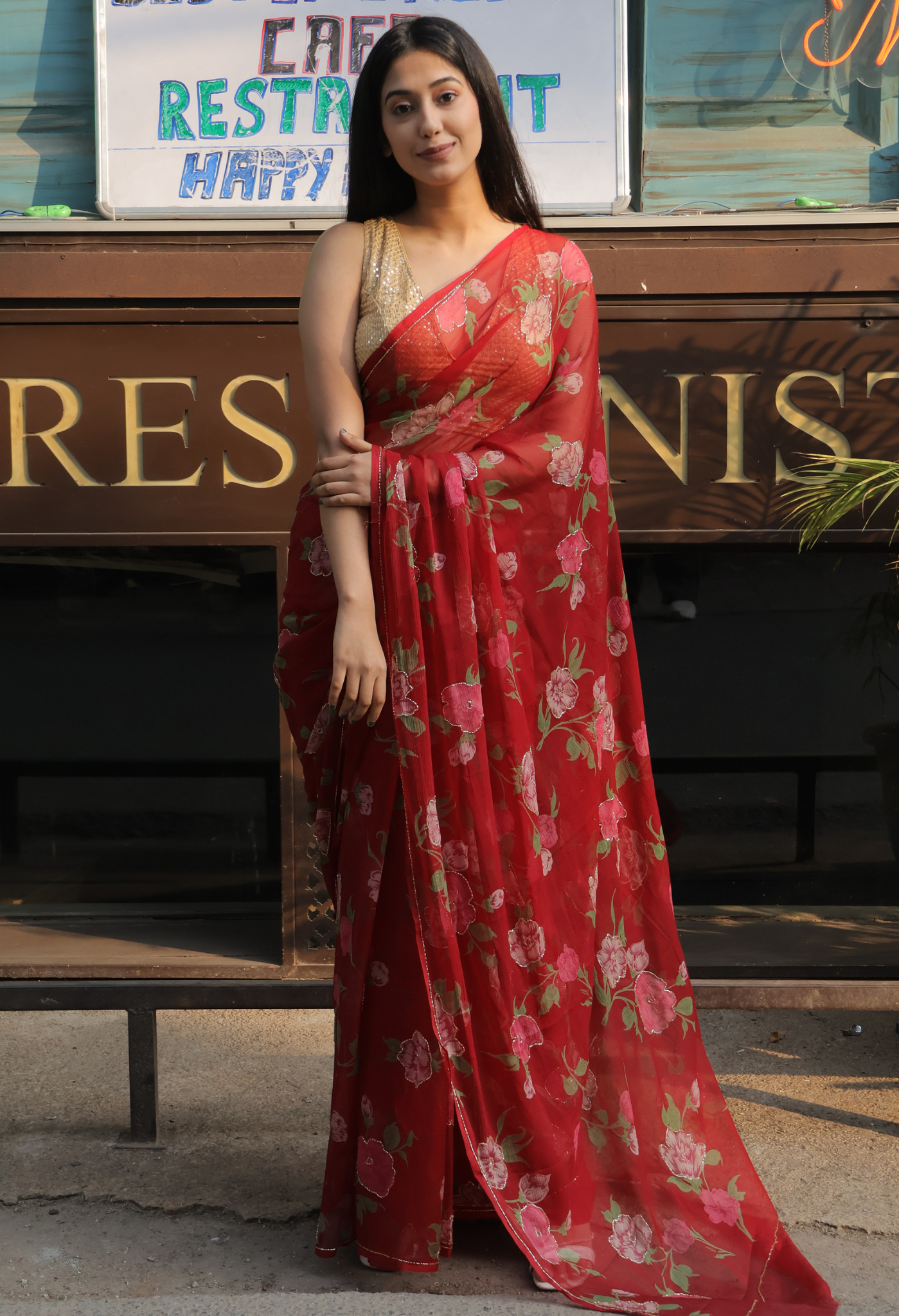 Royal Maroon Floral chiffon leheriya saree for festive wear, trousseau saree, or farewell saree for timeless pre-wedding collection looks.