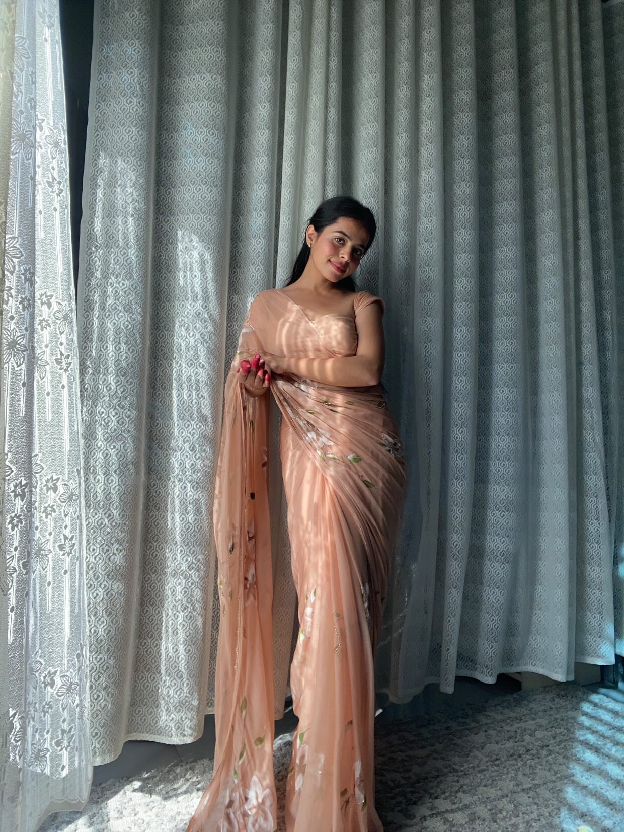 Almond Woody Hand Painted Chiffon Saree with Cut Dana Detailing