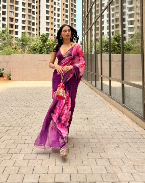 Persian Plum Floral Saree with Cut dana work and Scallop Border