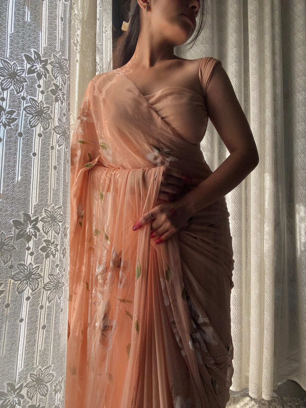 Almond Woody Hand Painted Chiffon Saree with Cut Dana Detailing