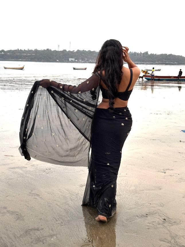 Charcoal Black Boota Chiffon Saree