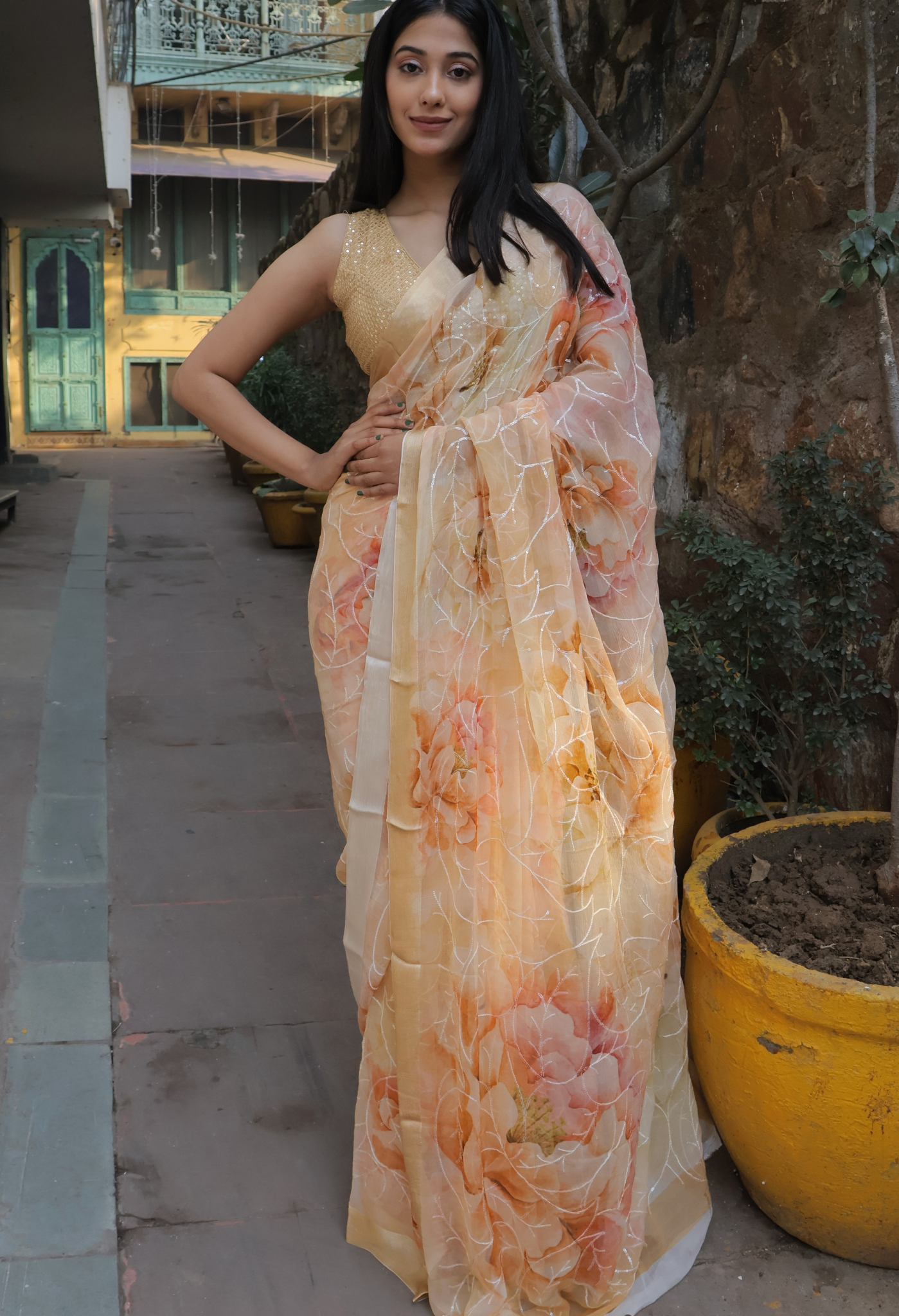 Salmon Peach Embroidered Pure chiffon saree styled as festive wear, daily wear saree, and party wear saree, a versatile trousseau saree for weddings.