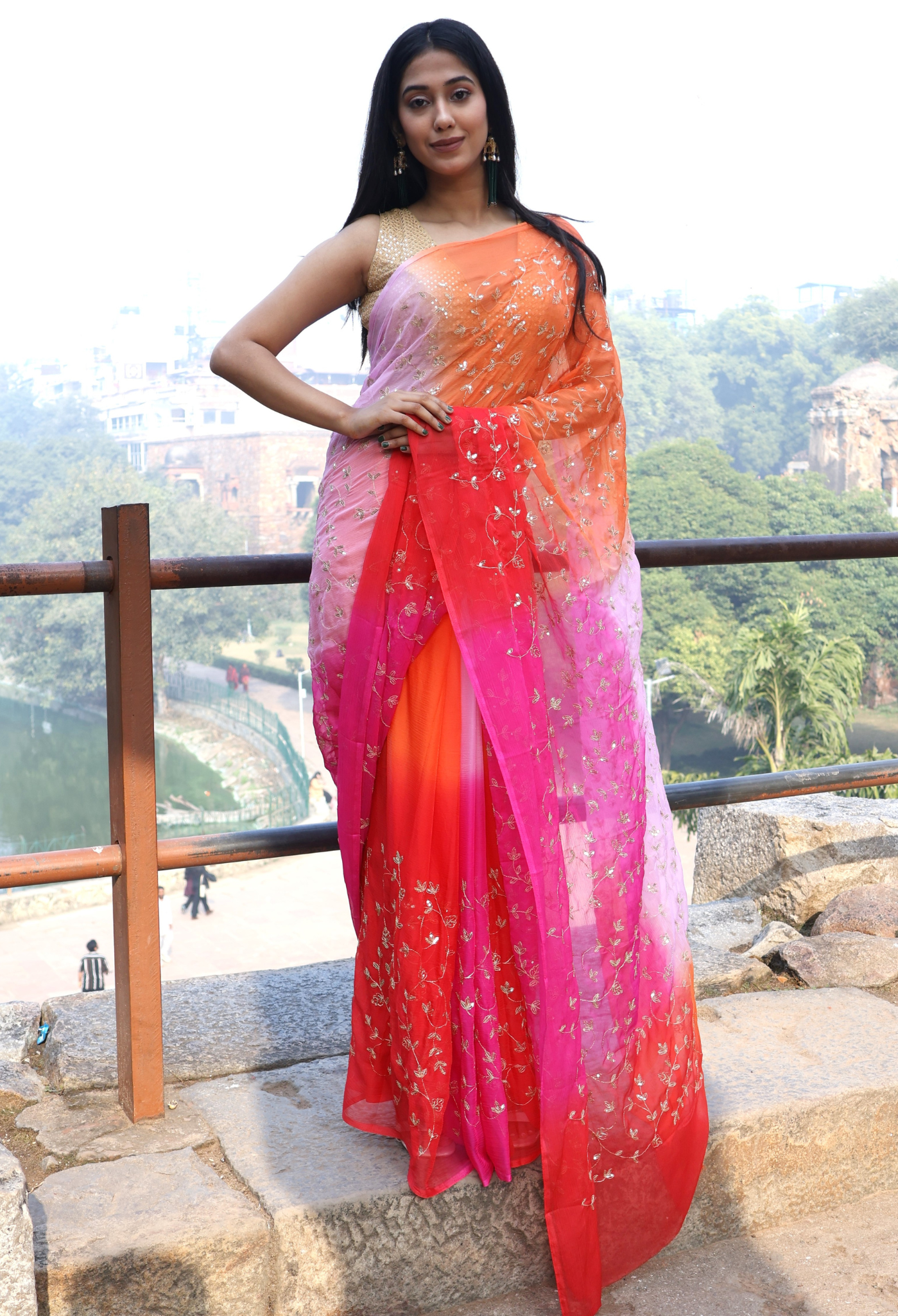 Creamy Rose Sequin Multi Hue chiffon saree styled as festive wear, daily wear saree, and party wear saree, a versatile trousseau saree for weddings.