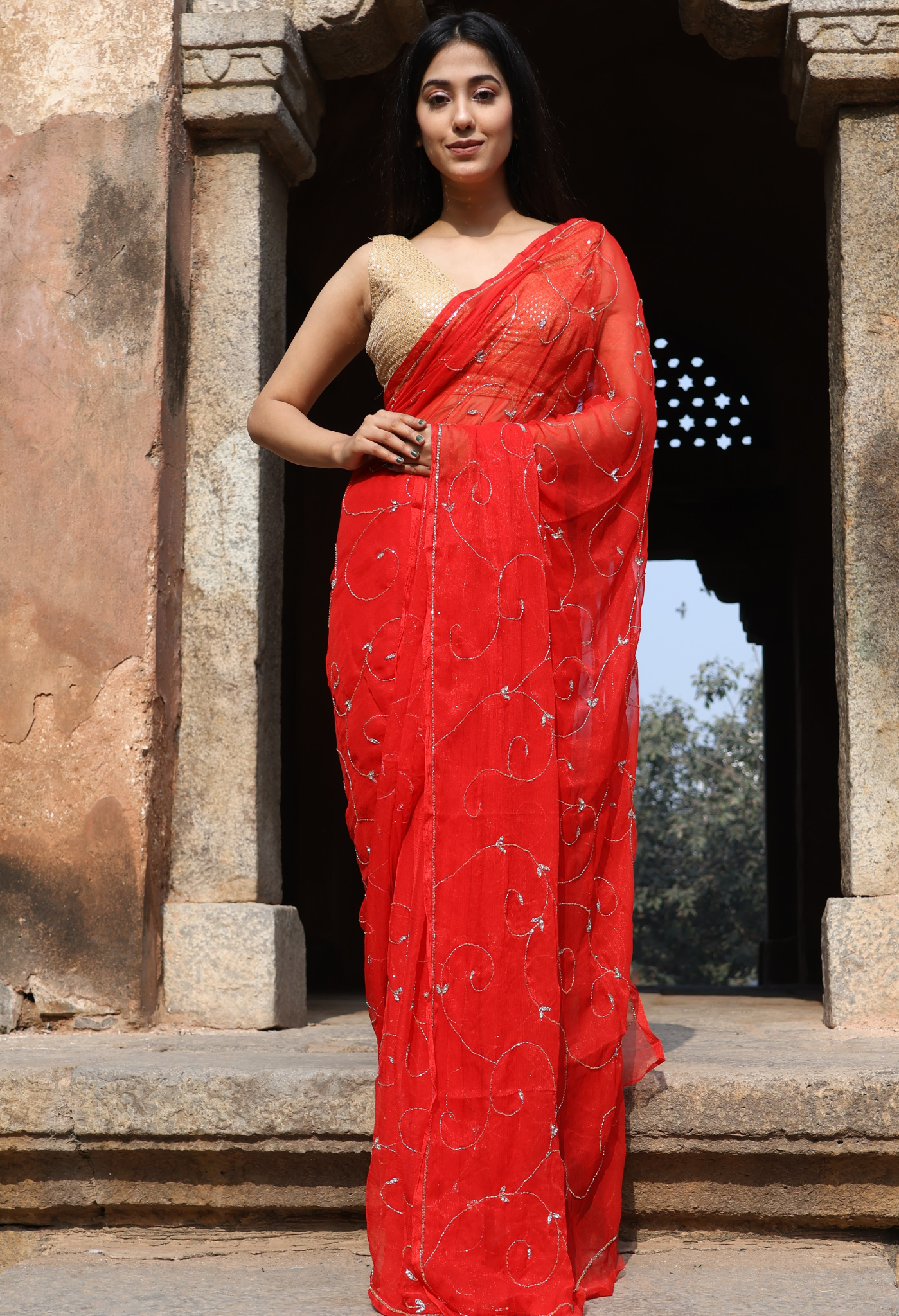 Robbin Red Embellished chiffon leheriya saree for festive wear, trousseau saree, or farewell saree for timeless pre-wedding collection looks.