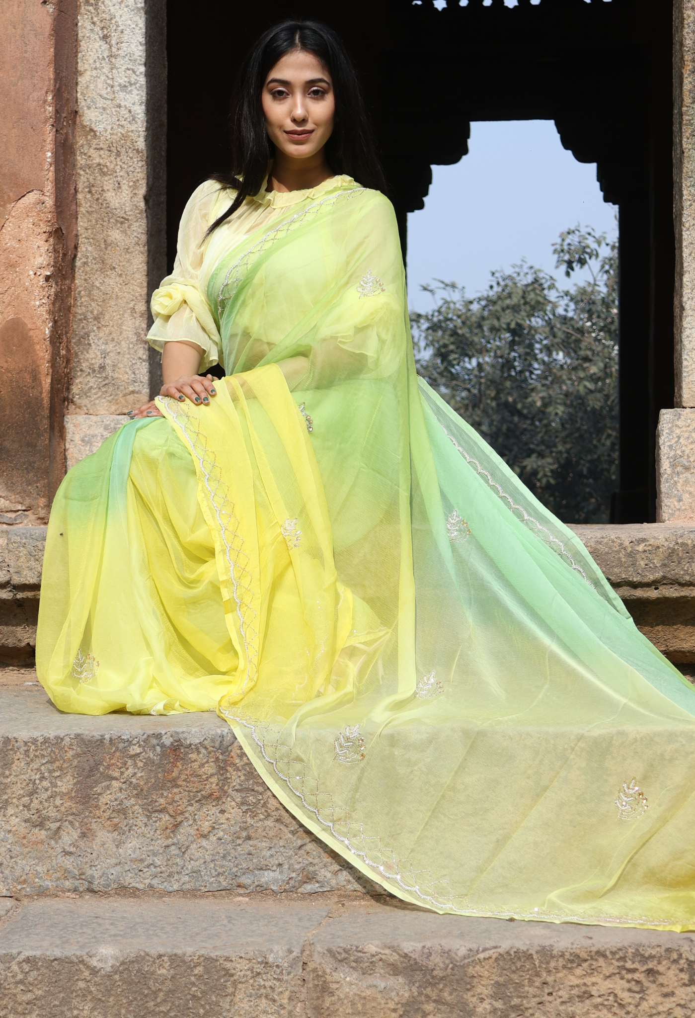 Lime Mellow Multi Hue Chiffon Saree