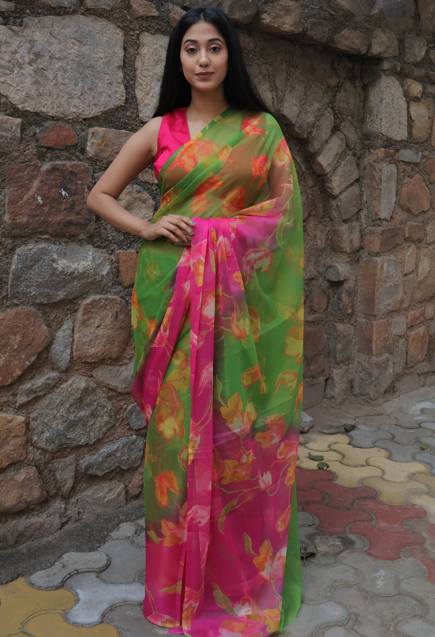 Lime Candy Floral Printed Chiffon Saree