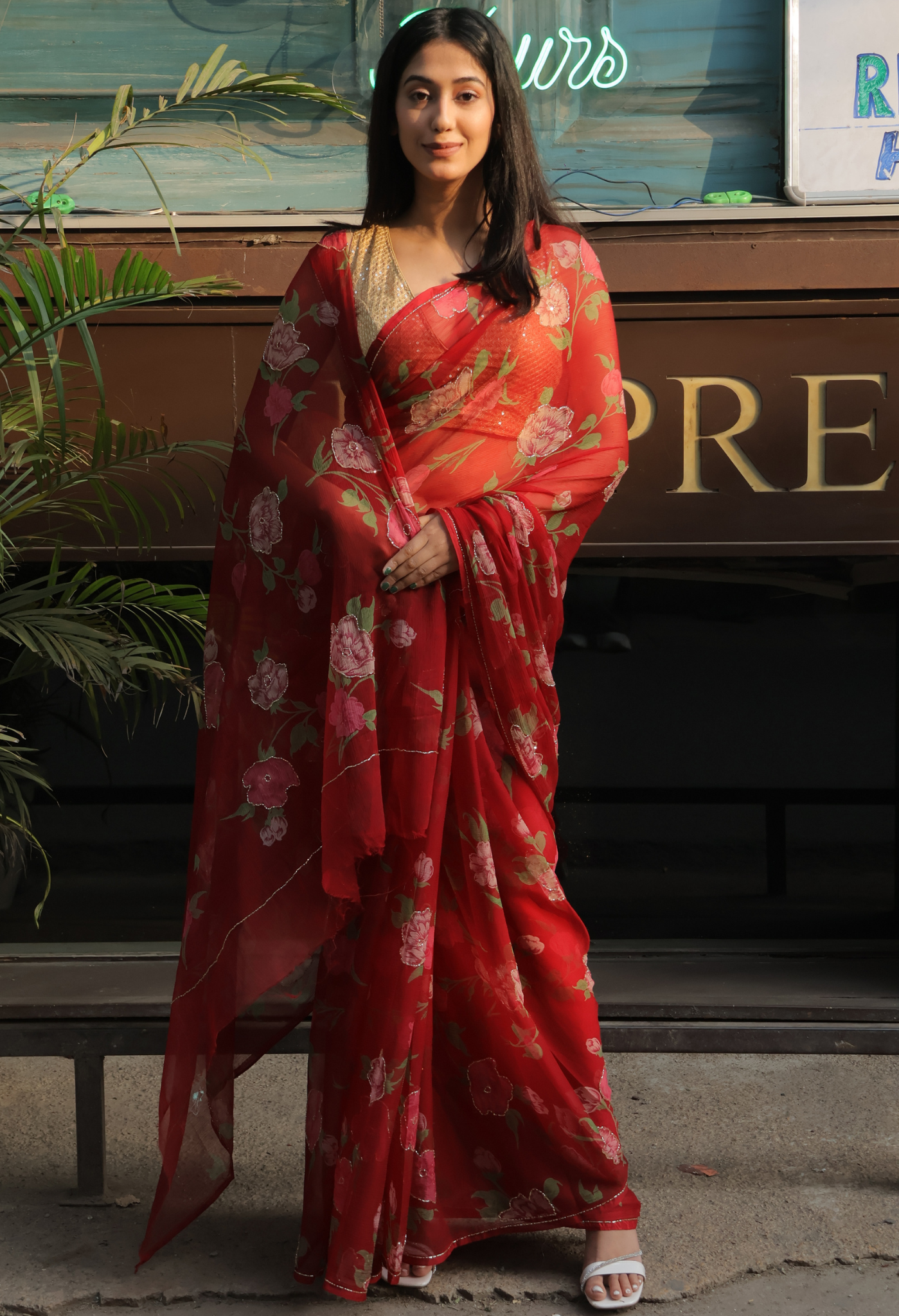 Royal Maroon Floral chiffon leheriya saree for festive wear, trousseau saree, or farewell saree for timeless pre-wedding collection looks.