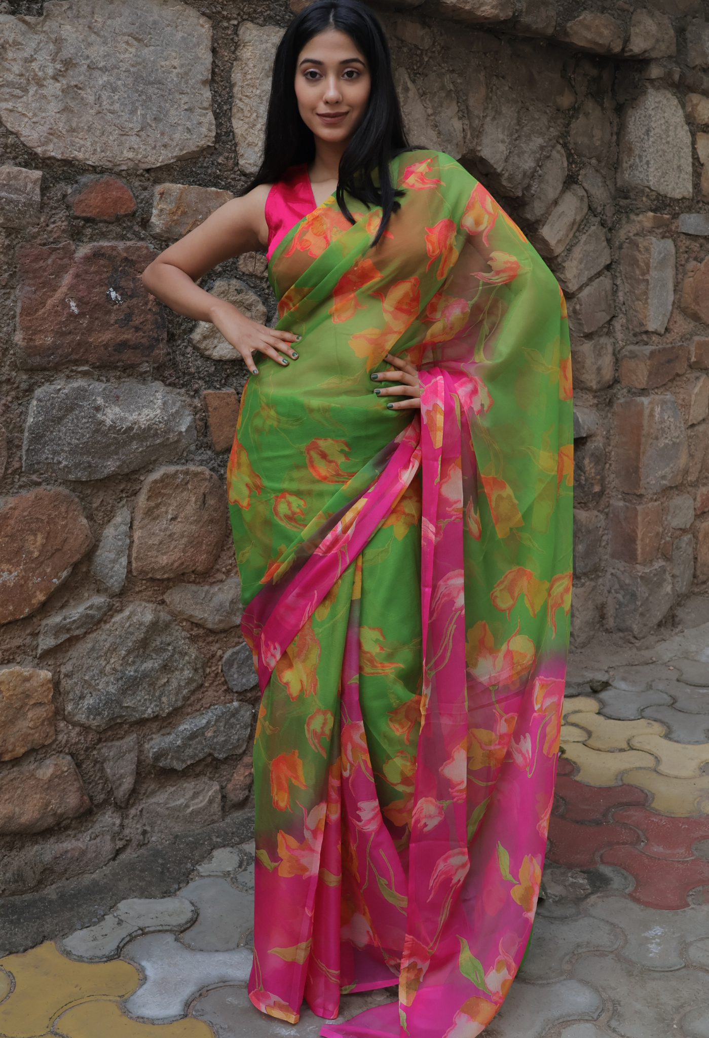 Lime Candy Floral Printed Chiffon Saree