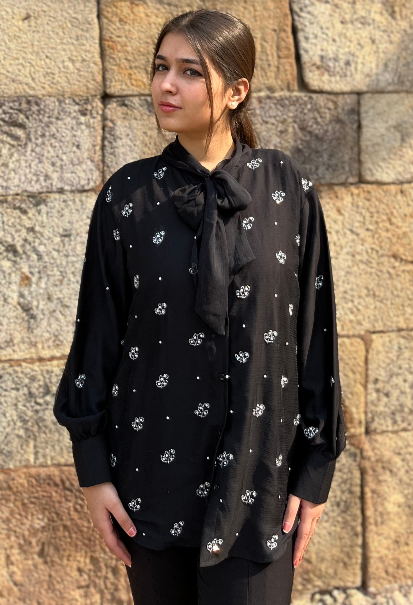 Charcoal Chiffon Embellished Bow Shirt