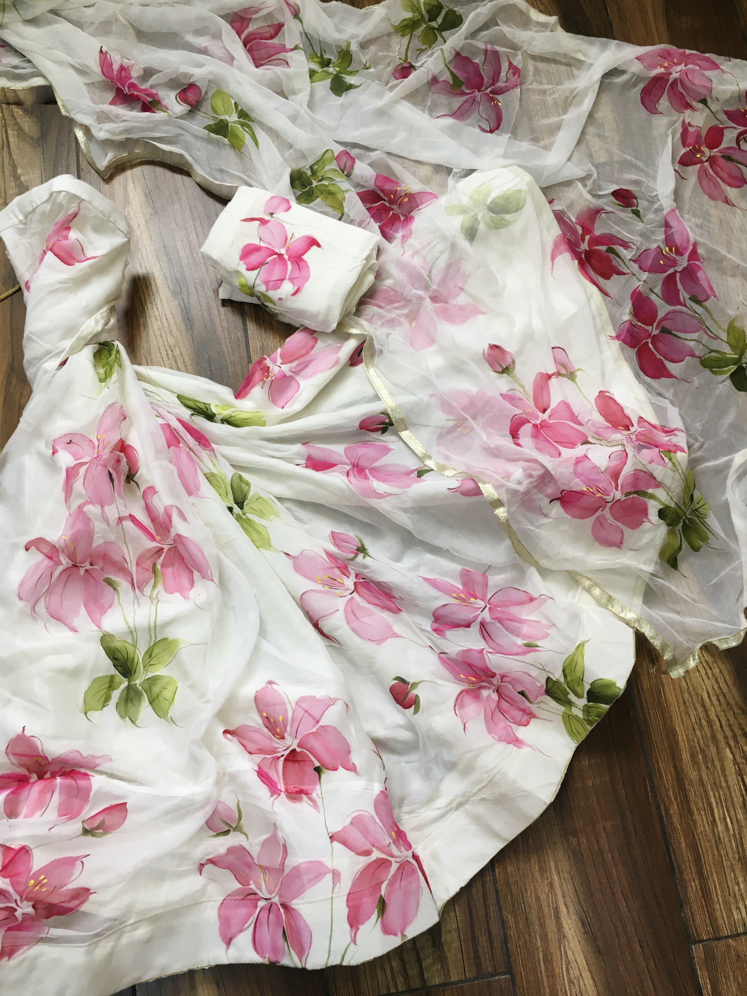 Handpainted Organza Silk Lehenga with Chiffon Dupatta