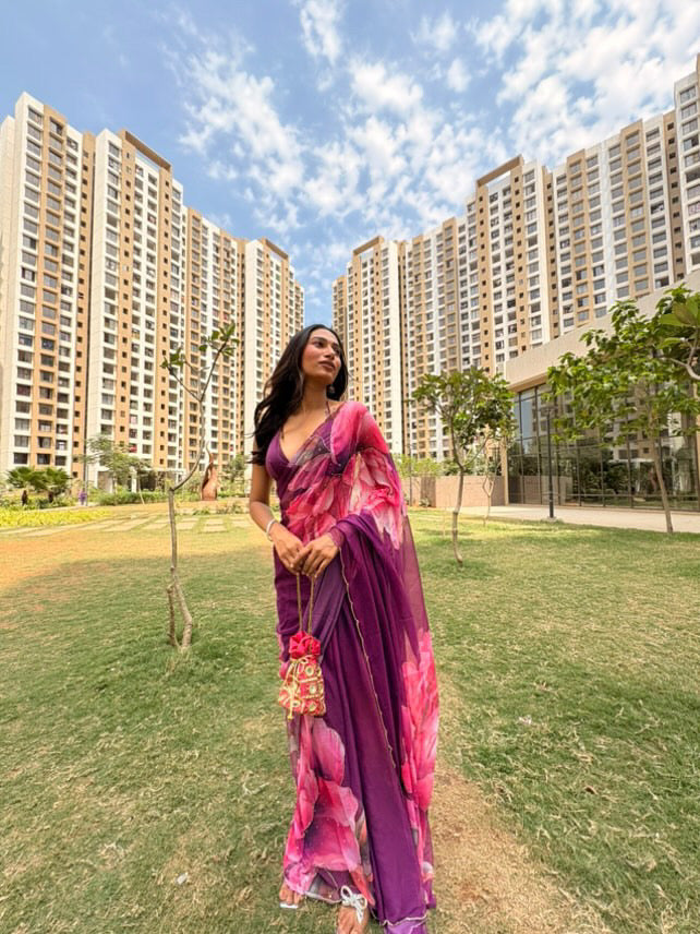 Persian Plum Floral Saree with Cut dana work and Scallop Border