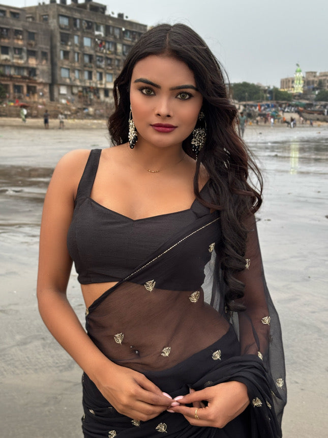 Charcoal Black Boota Chiffon Saree