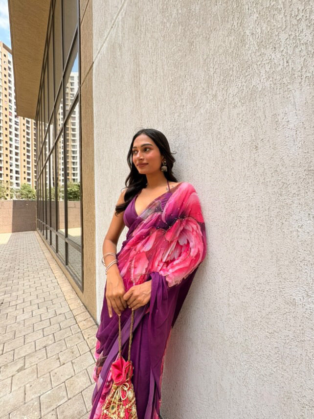 Persian Plum Floral Saree with Cut dana work and Scallop Border