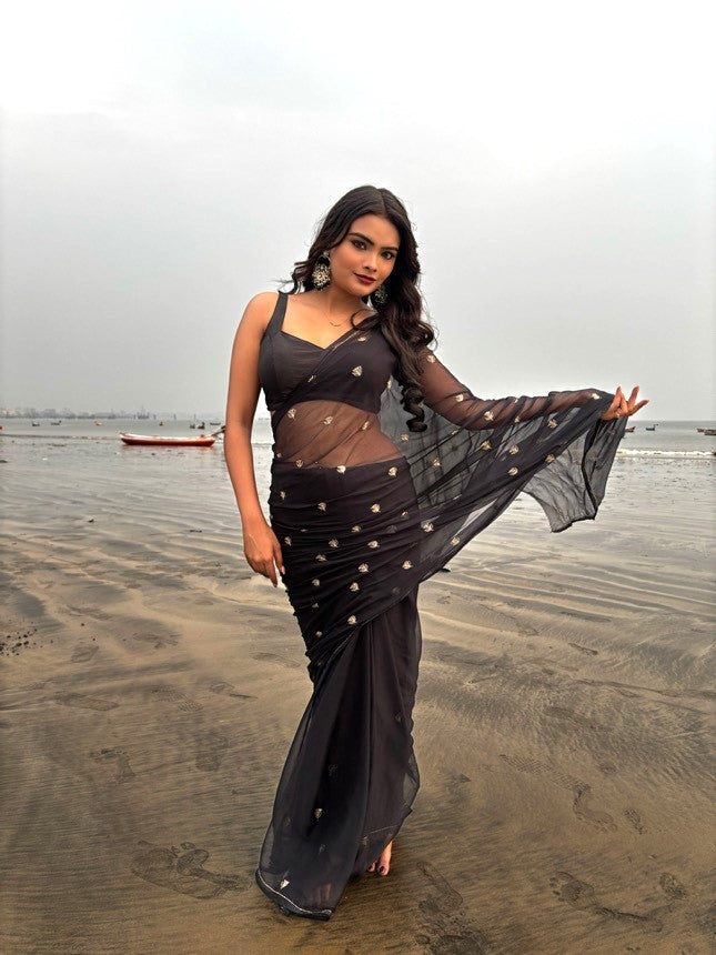 Charcoal Black Boota Chiffon Saree
