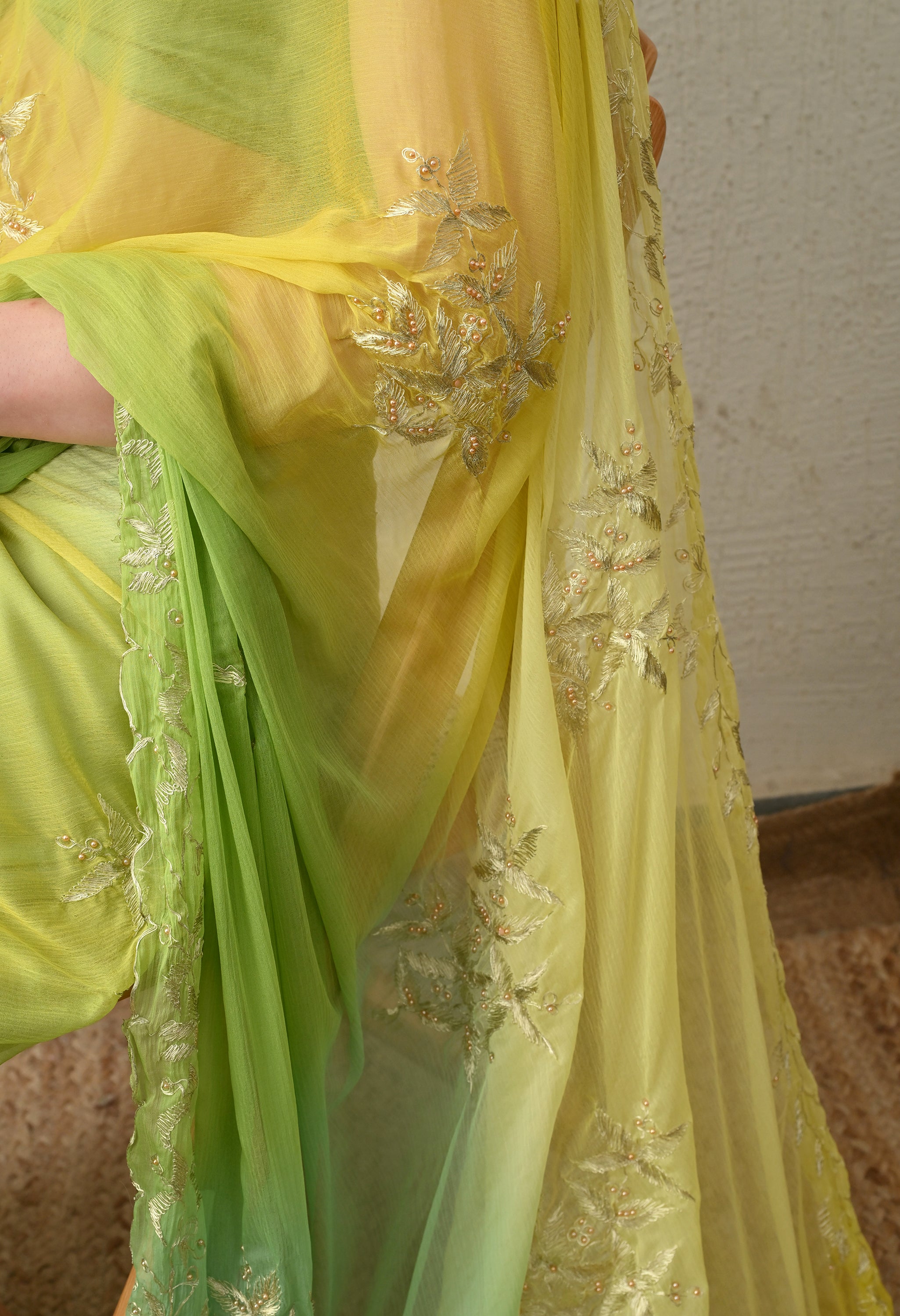 Raw Mango Hue Embroidered chiffon leheriya saree, for festive wear, daily wear saree, and farewell saree, a must for trousseau and pre-wedding styling.