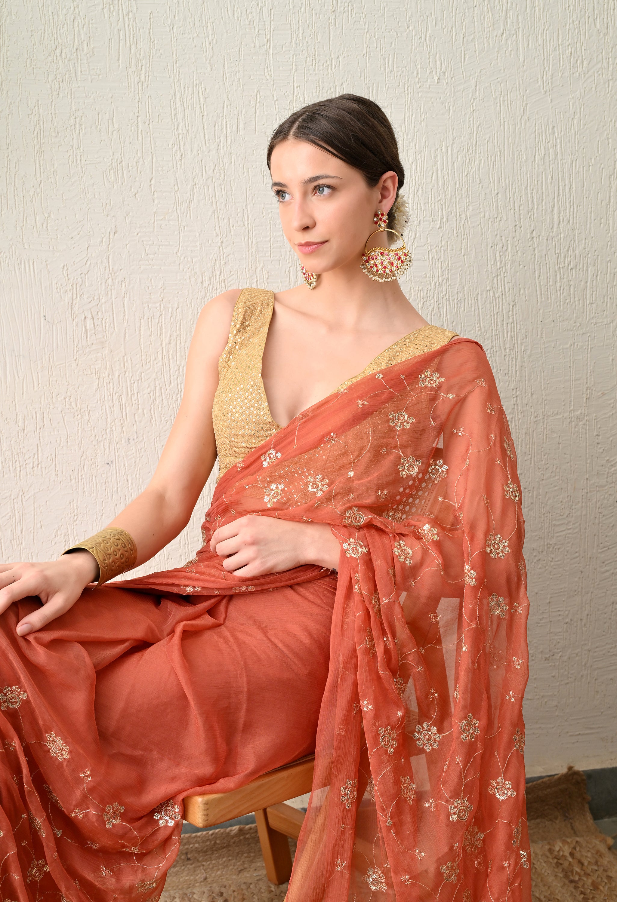 Coral all over work Chiffon Saree