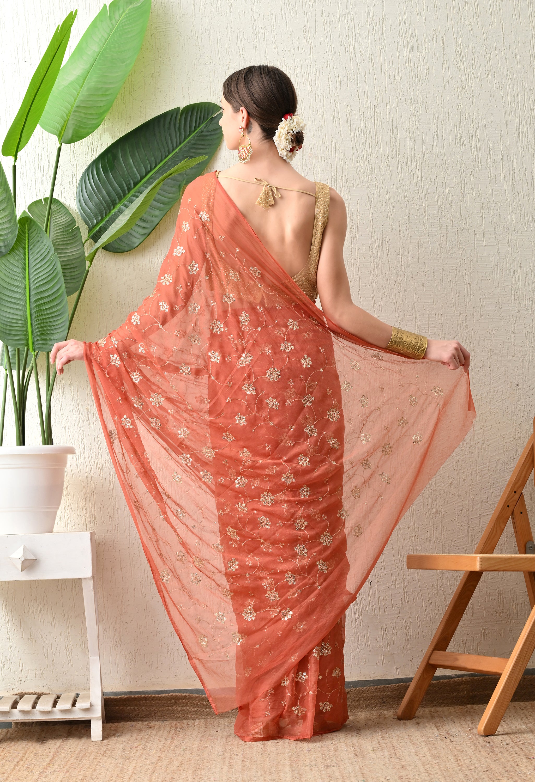 Coral all over work Chiffon Saree