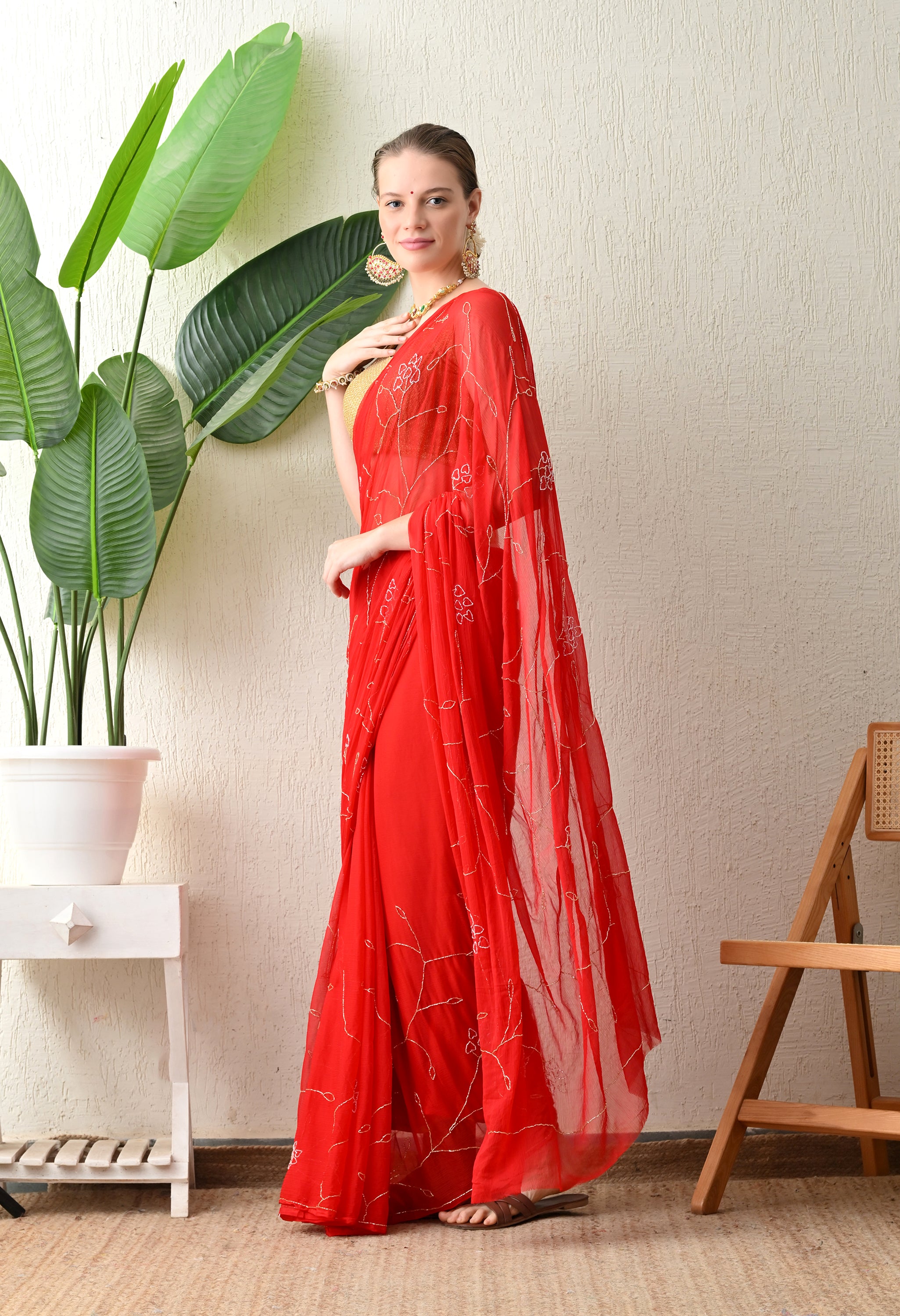 Fire Red Embellished Chiffon Saree