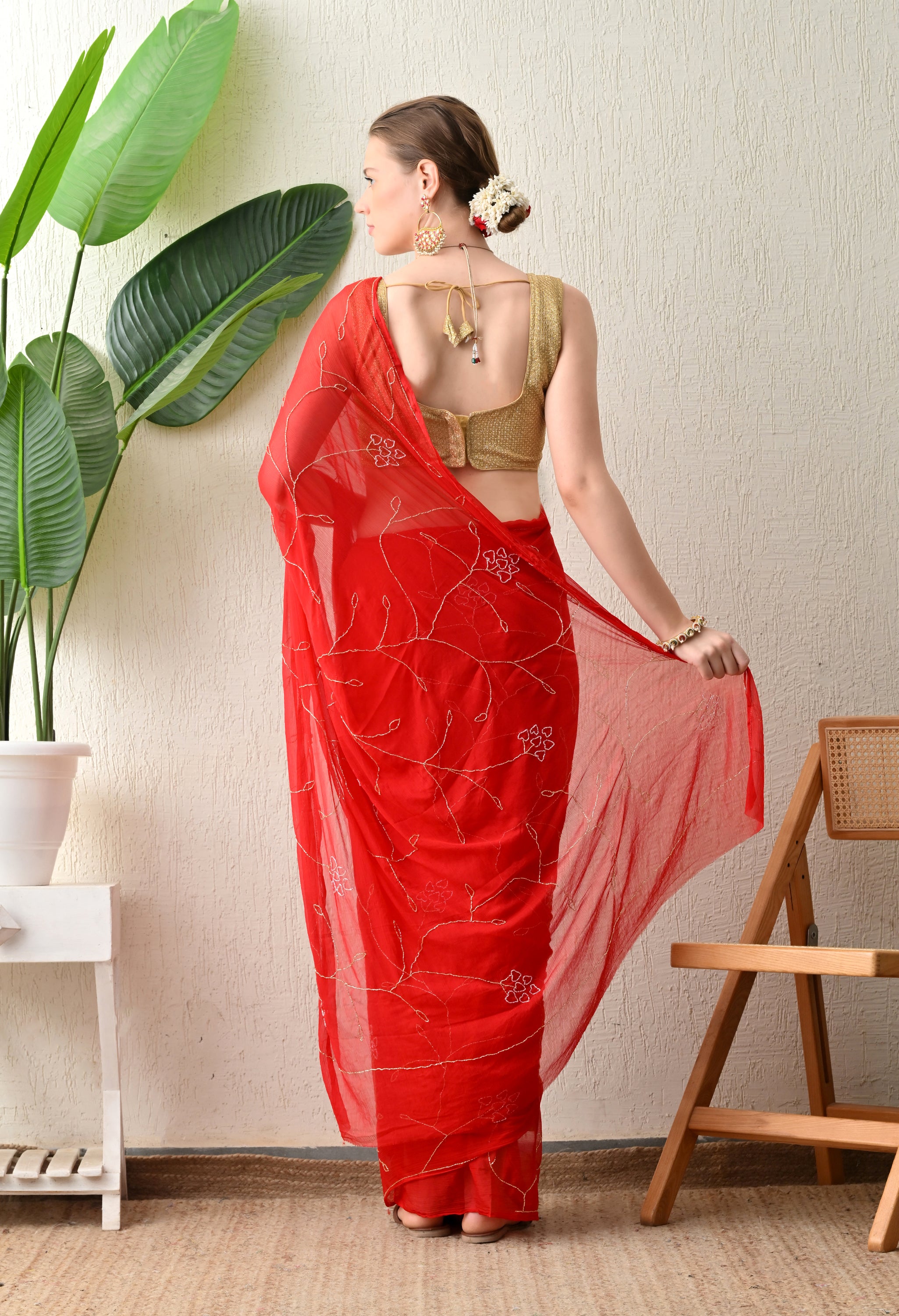 Fire Red Embellished Chiffon Saree