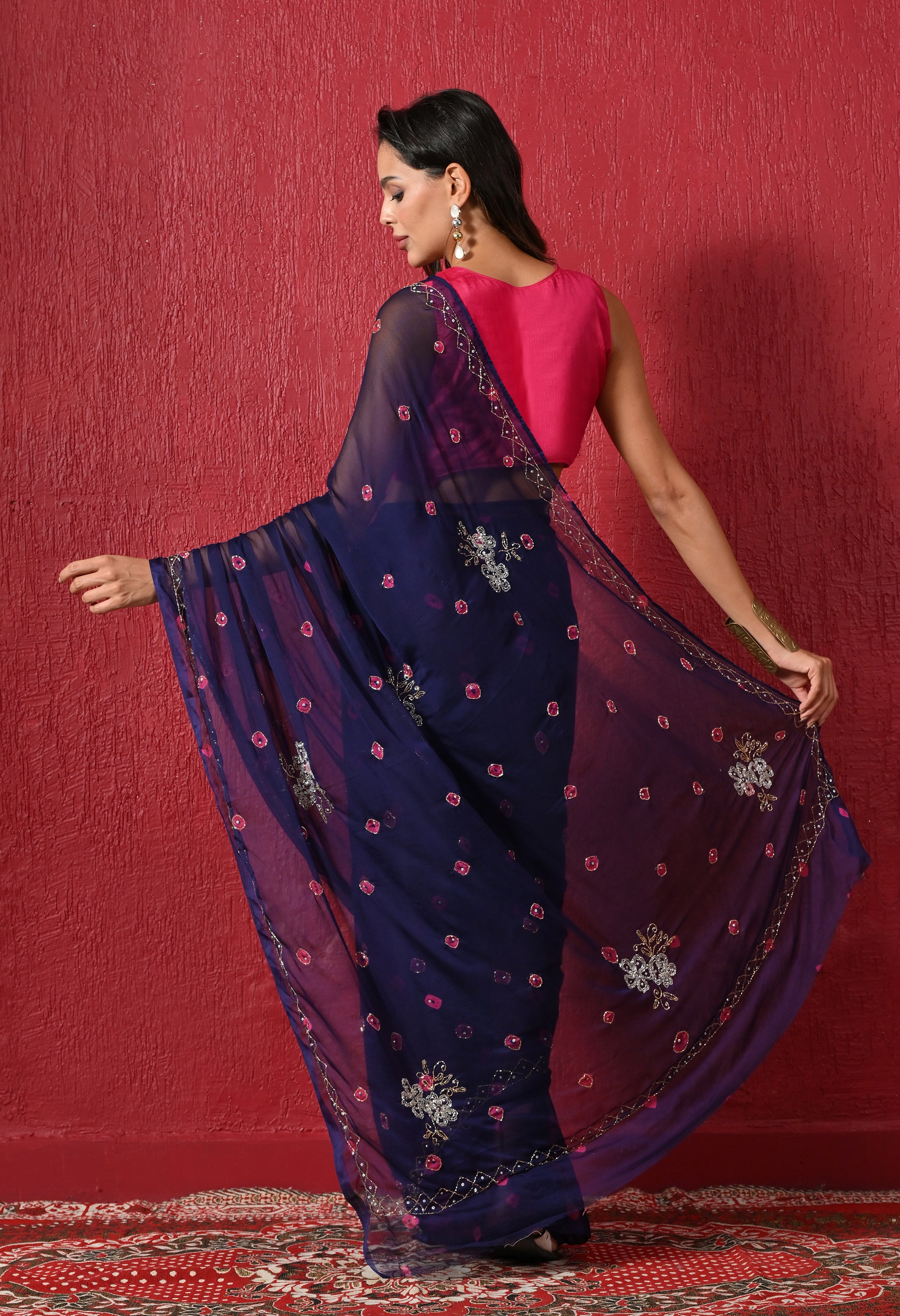 Navy Royale Bandhani Handwork Italian Chiffon Saree