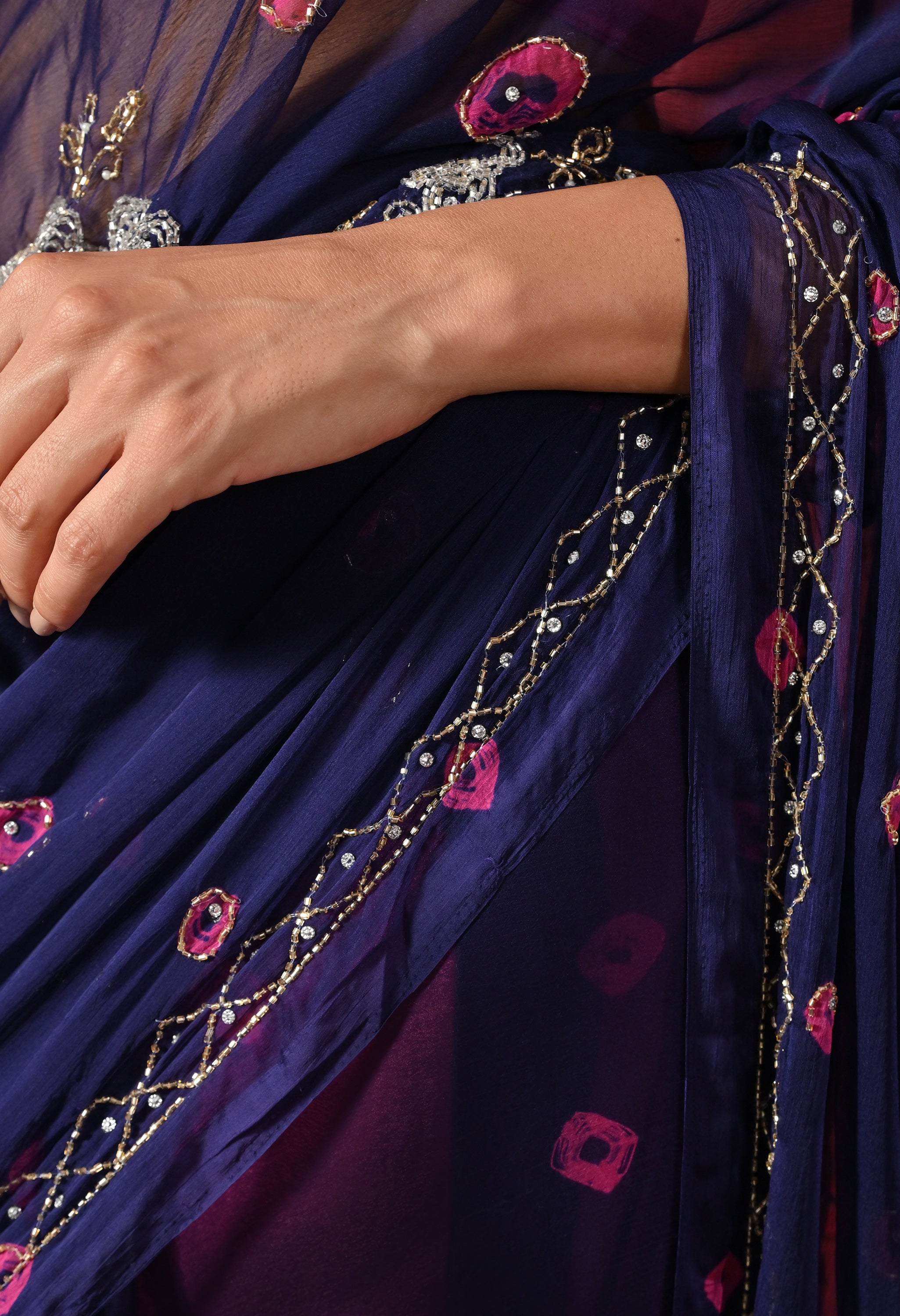 Navy Royale Bandhani Handwork Italian Chiffon Saree