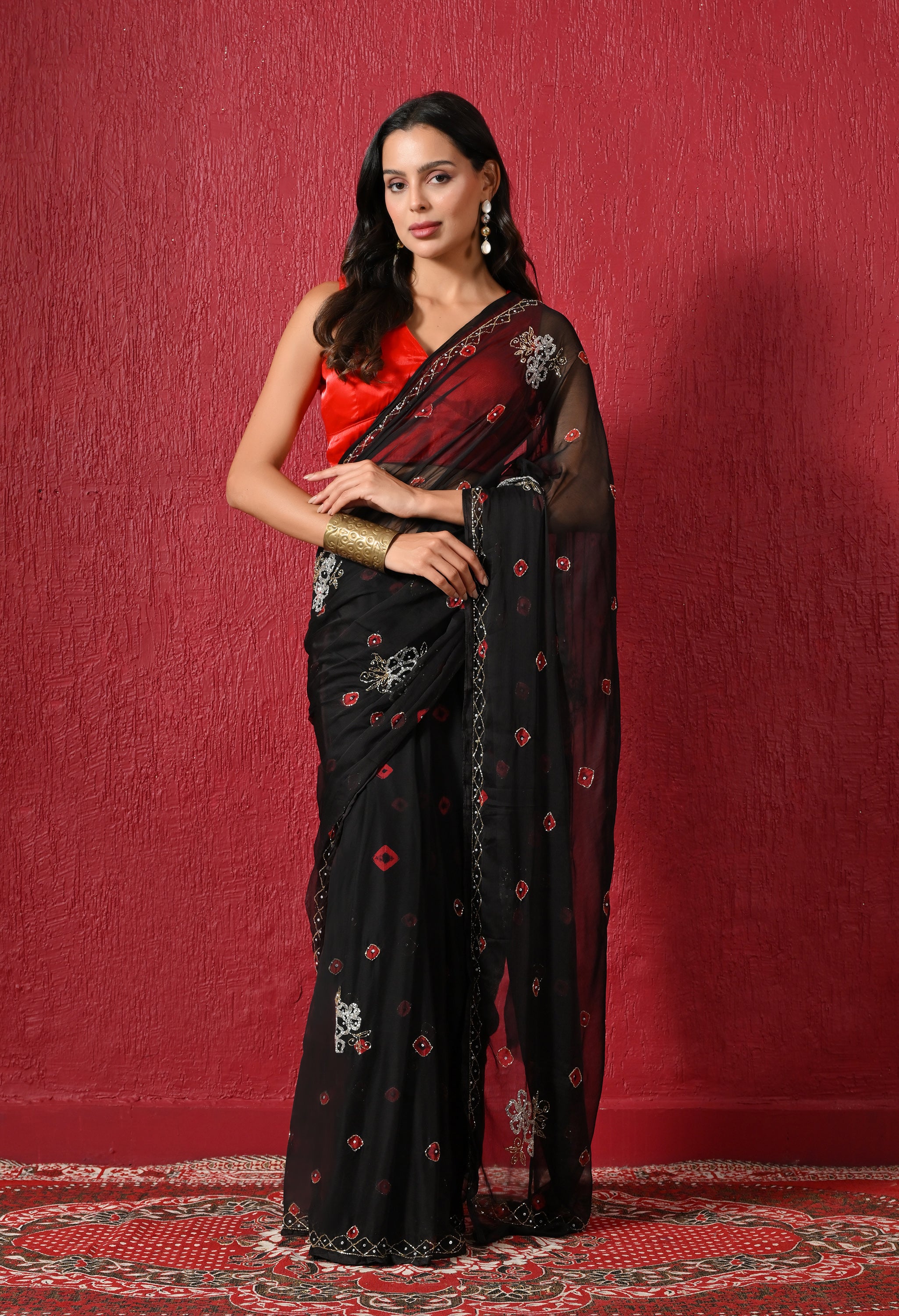 Royal Noir Bandhani Handwork Italian Chiffon Saree