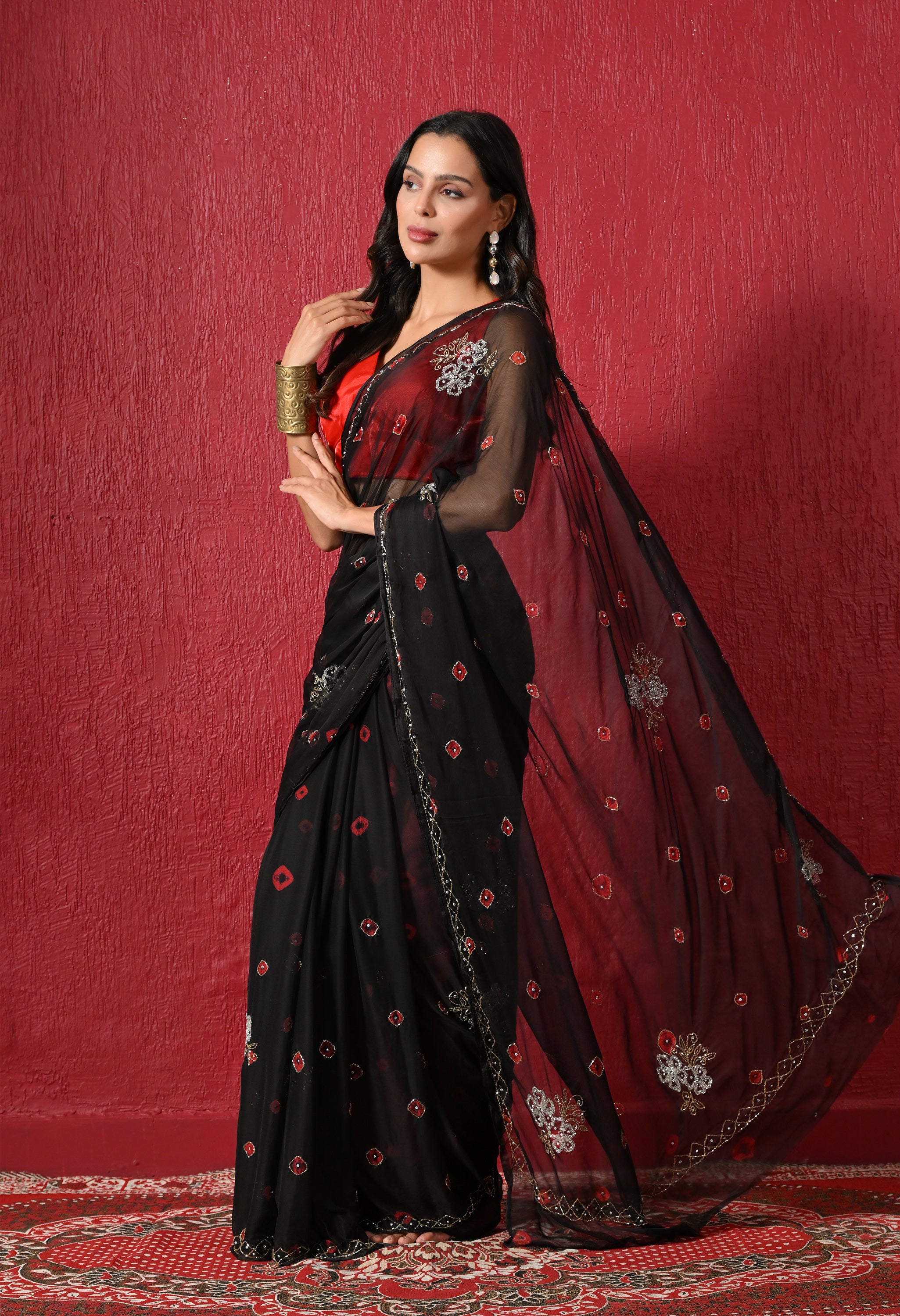 Royal Noir Bandhani Handwork Italian Chiffon Saree