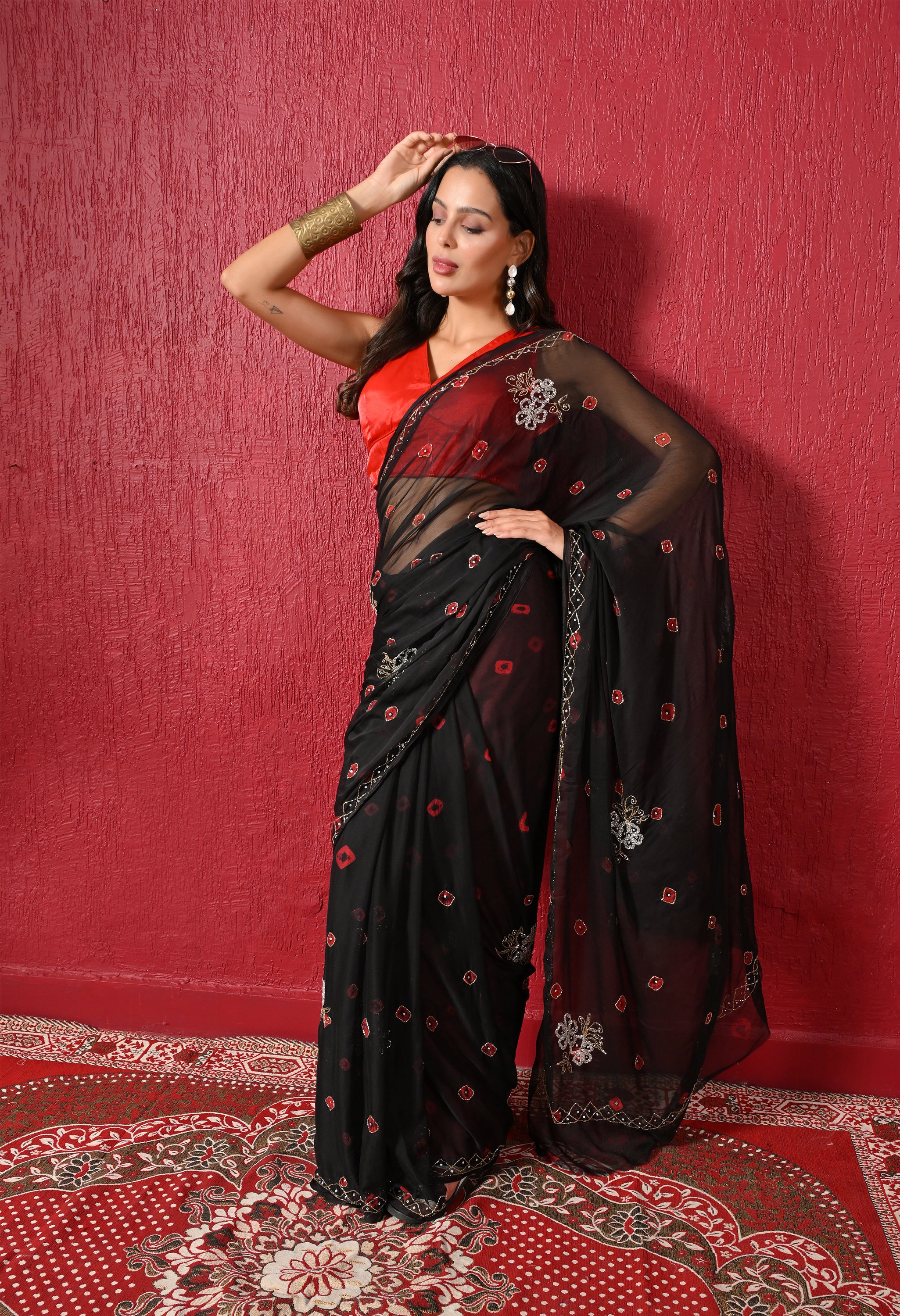Royal Noir Bandhani Handwork Italian Chiffon Saree