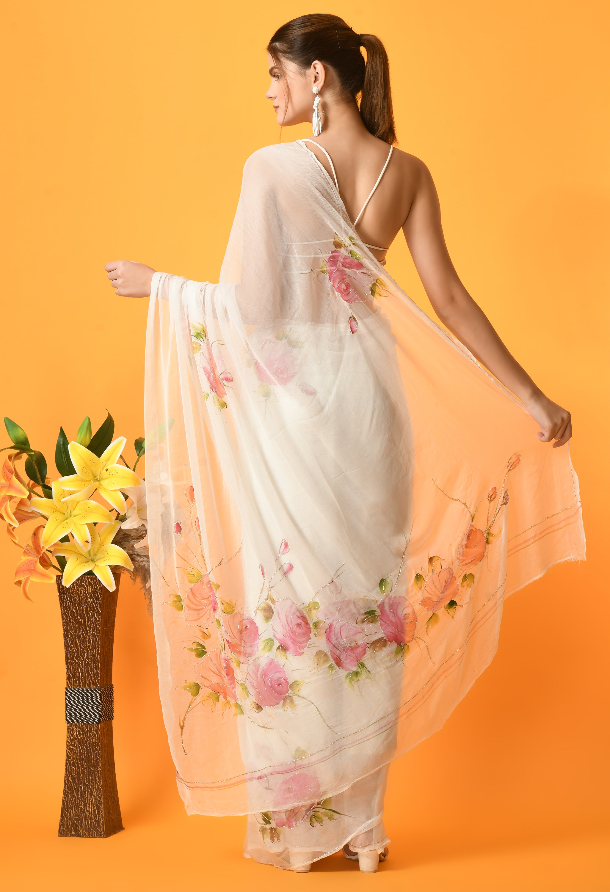 Rose Garden white Hand Painted Chiffon Saree