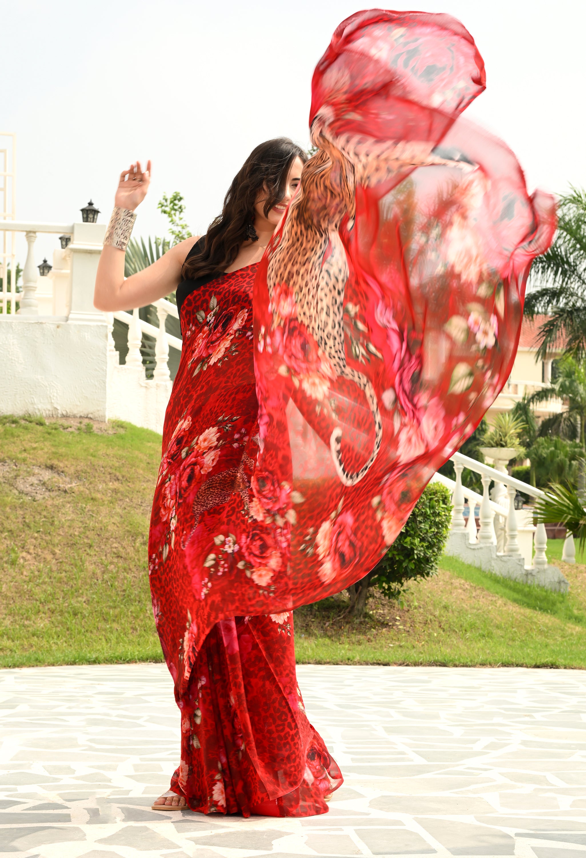 Cheta Scarlet Wildflower Pure Chiffon Saree