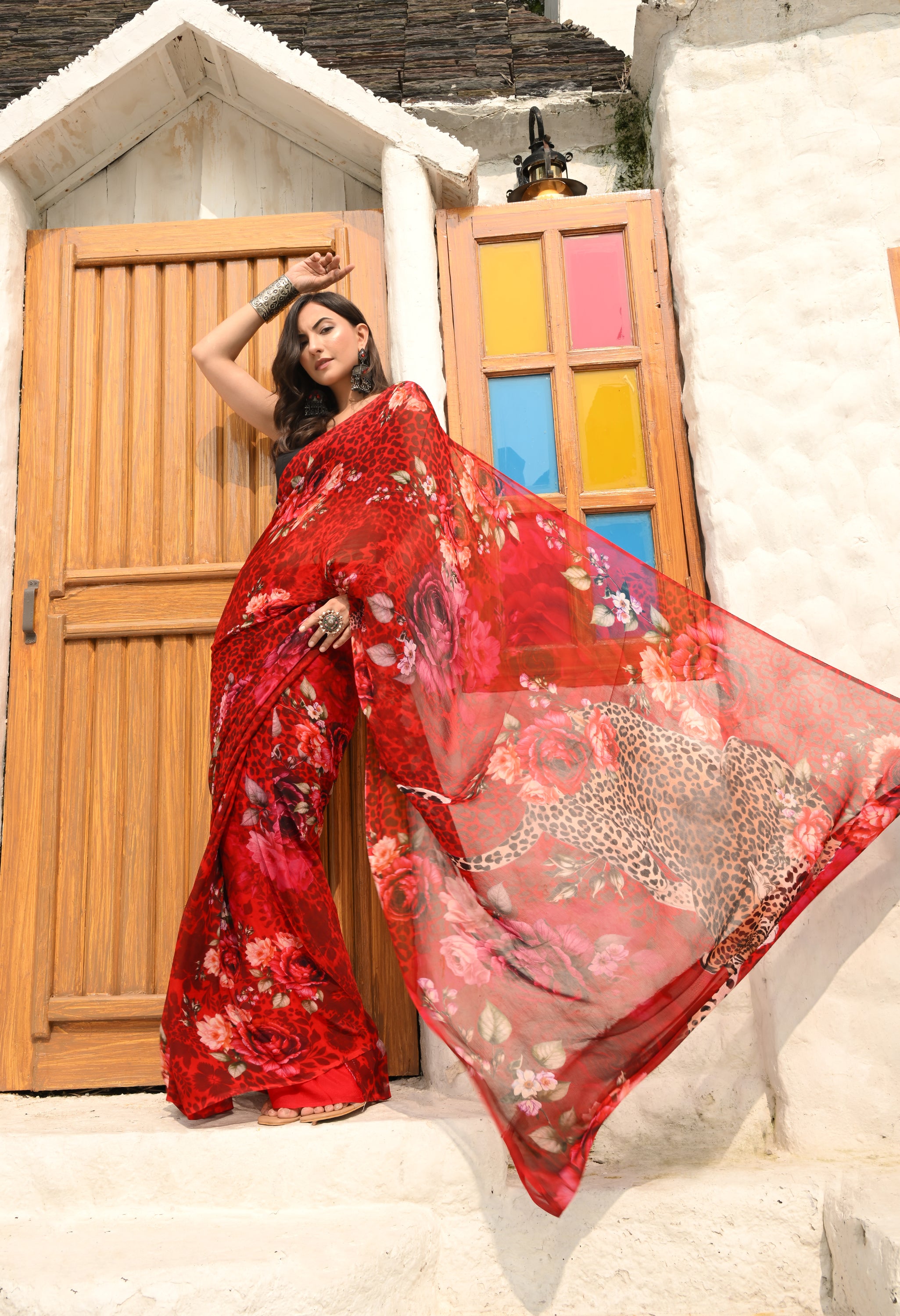 Cheta Scarlet Wildflower Pure Chiffon Saree