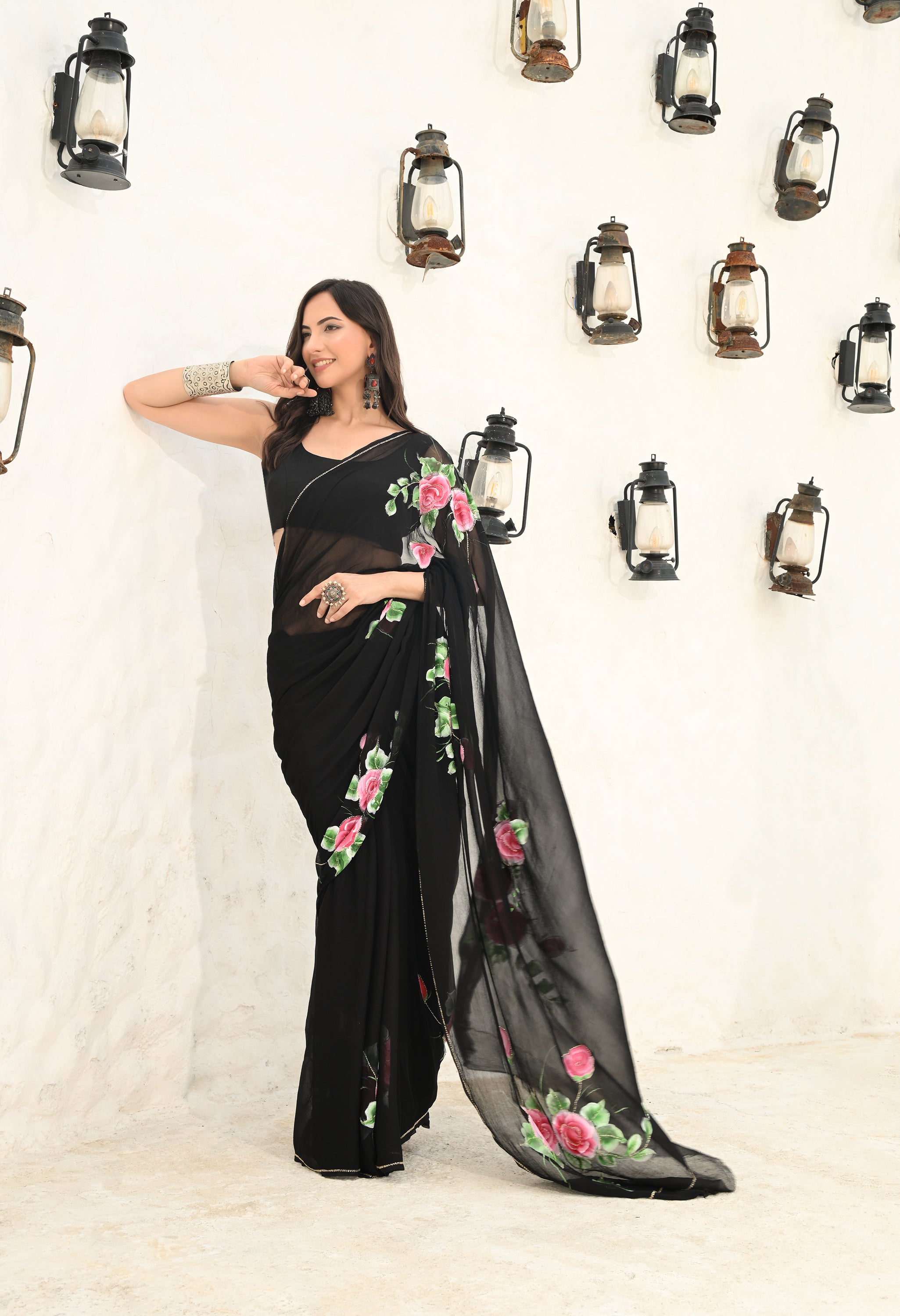 Black Pure Chiffon Hand Painted Floral Saree