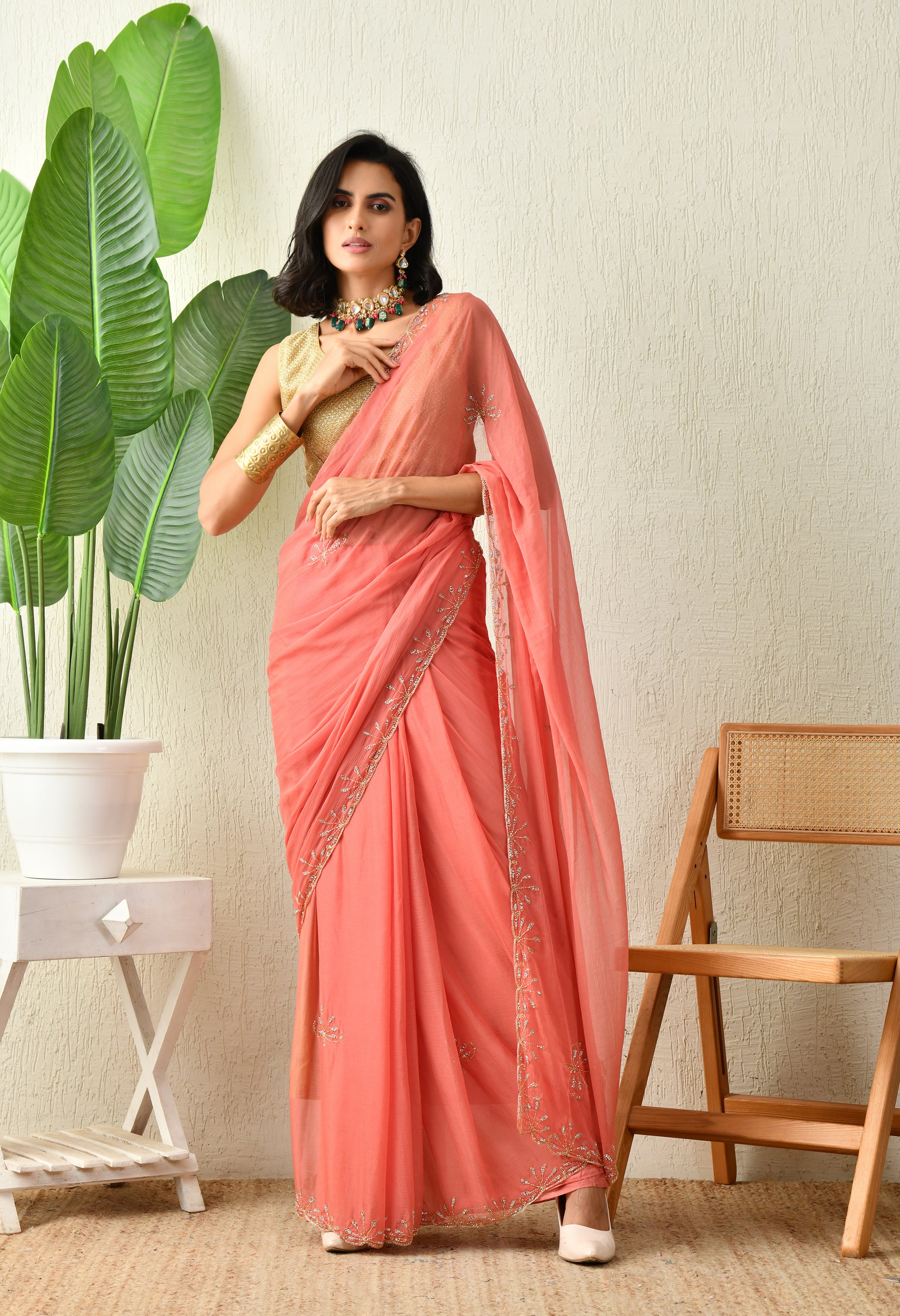 Salmon Blaze Embellished Chiffon Saree chiffon saree for festive wear, trousseau saree, suitable for farewell saree, daily wear saree, party wear saree looks.