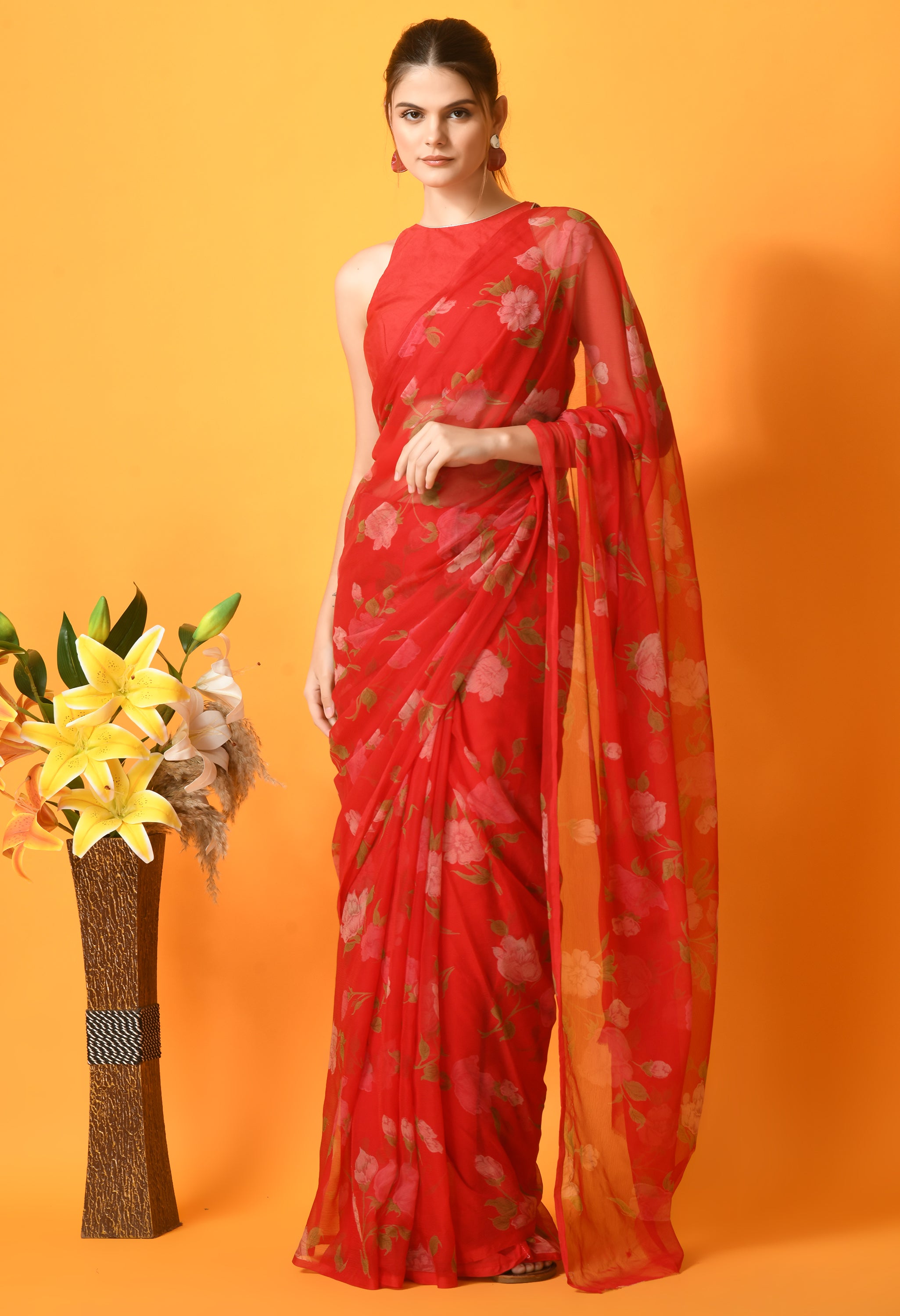 Red Floral Printed Chiffon Saree