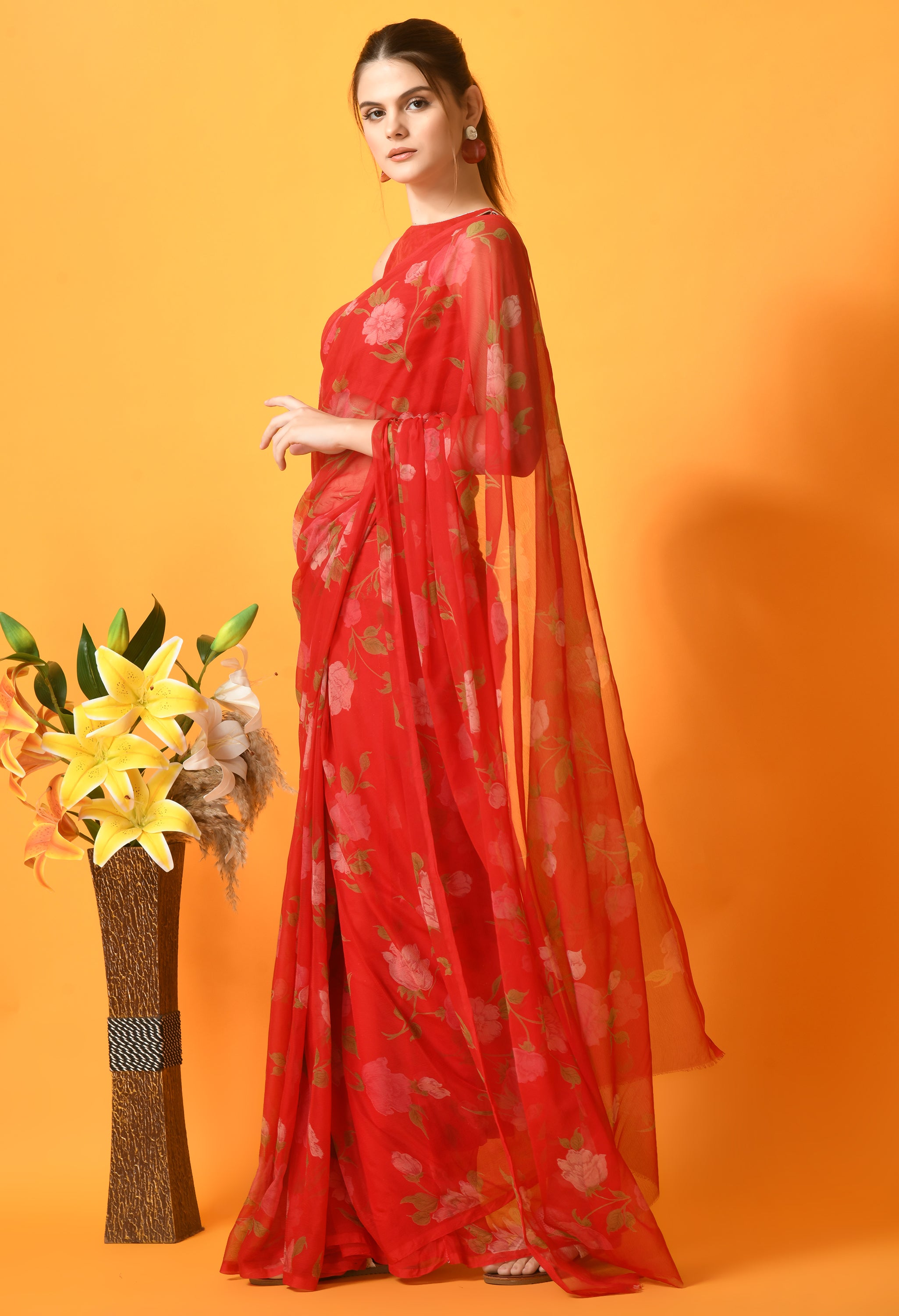 Red Floral Printed Chiffon Saree