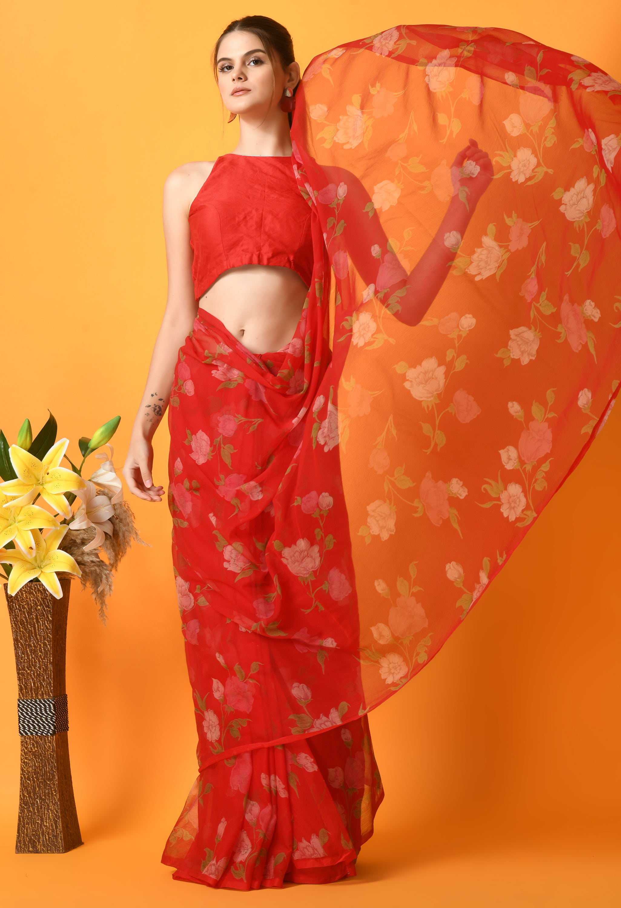 Red Floral Printed Chiffon Saree