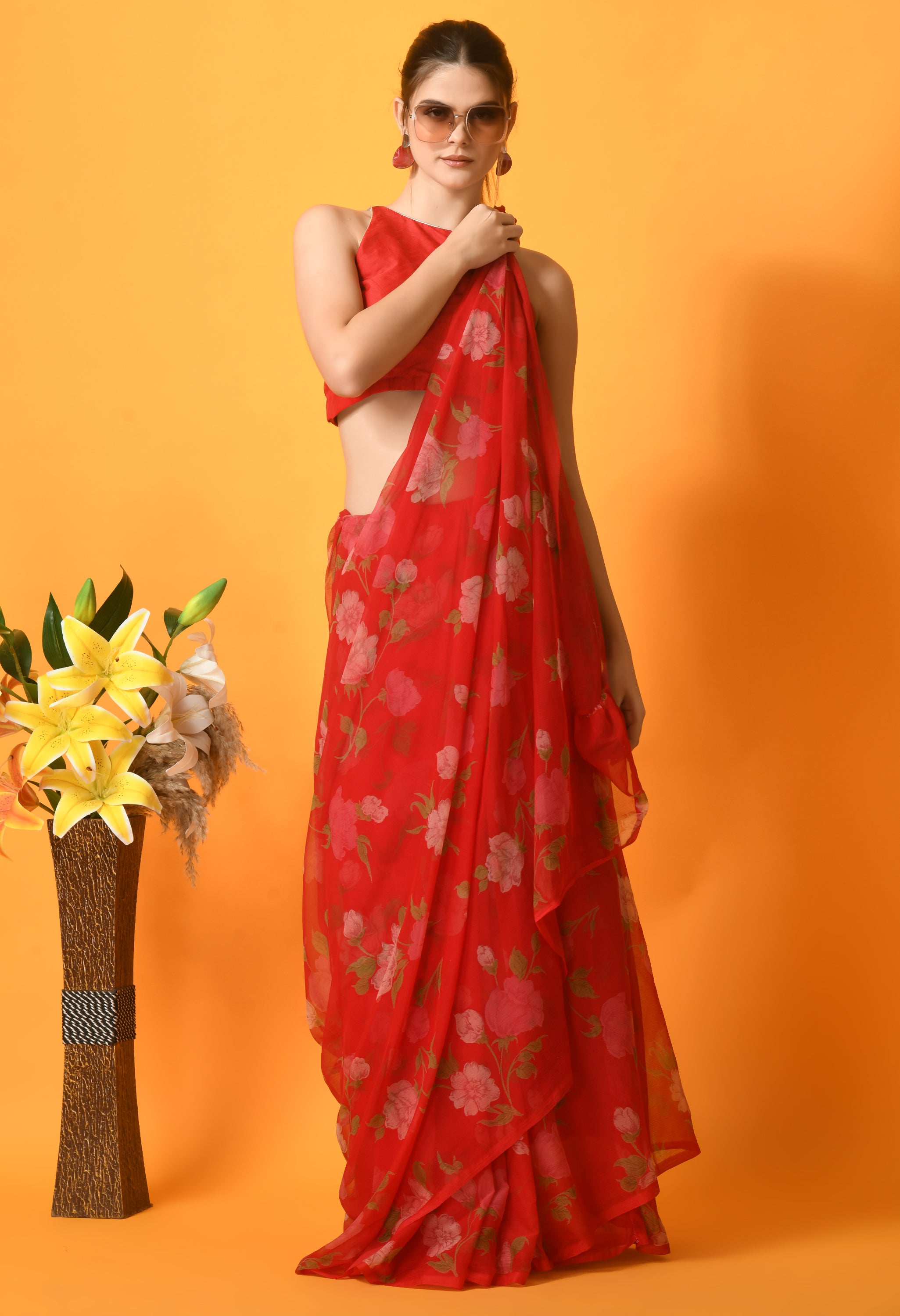 Red Floral Printed Chiffon Saree