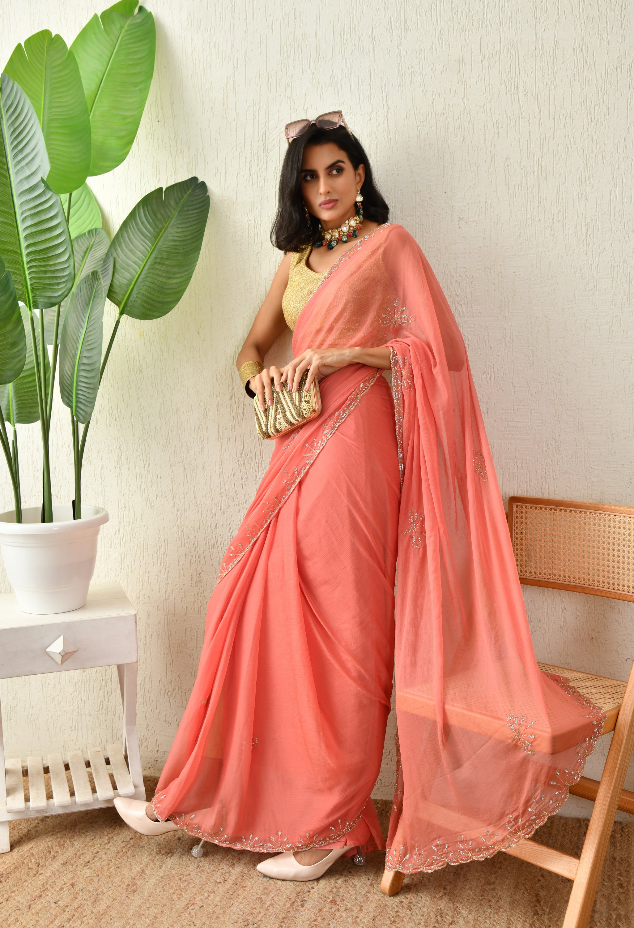 Salmon Blaze Embellished Chiffon Saree chiffon saree for festive wear, trousseau saree, suitable for farewell saree, daily wear saree, party wear saree looks.