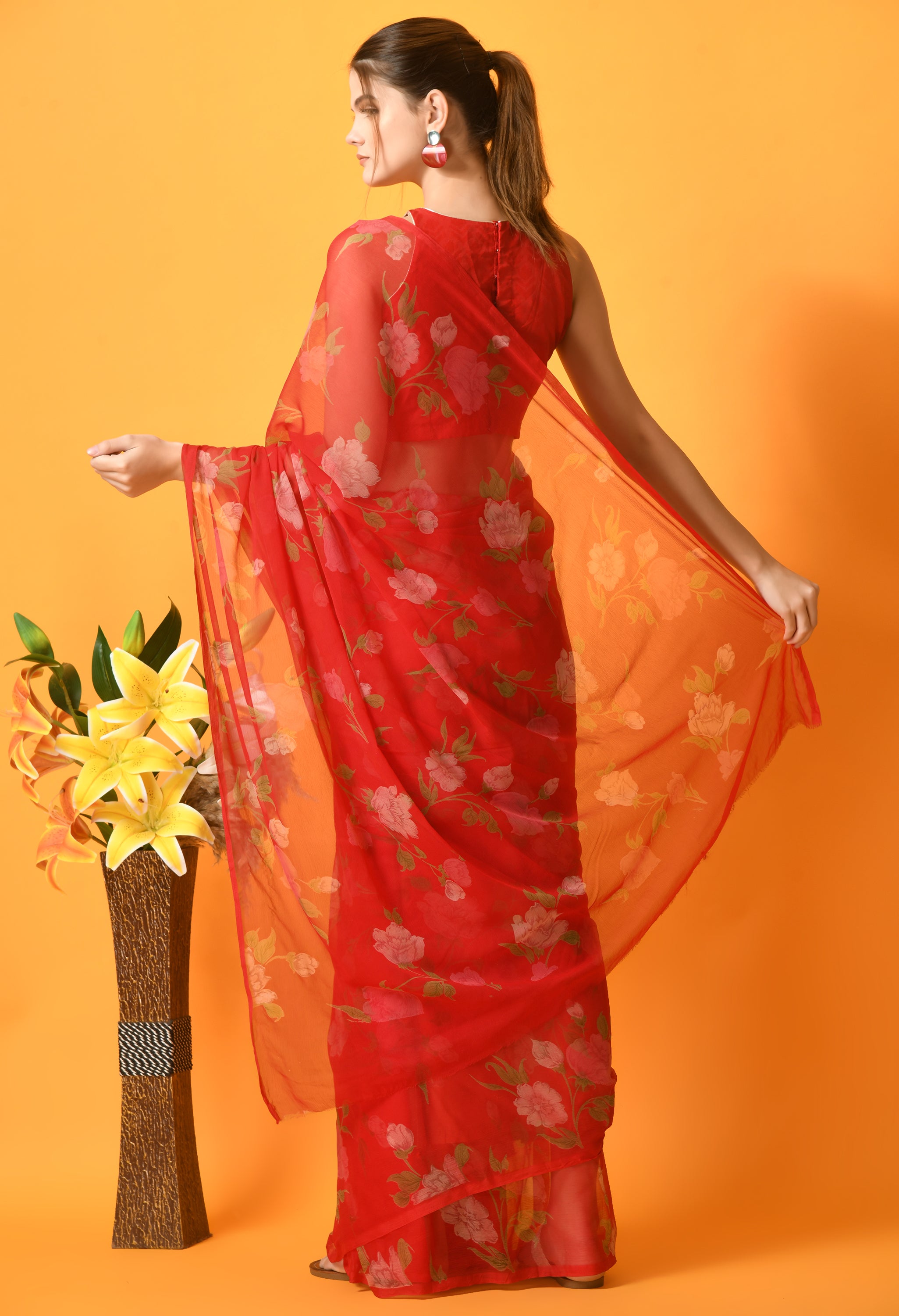Red Floral Printed Chiffon Saree