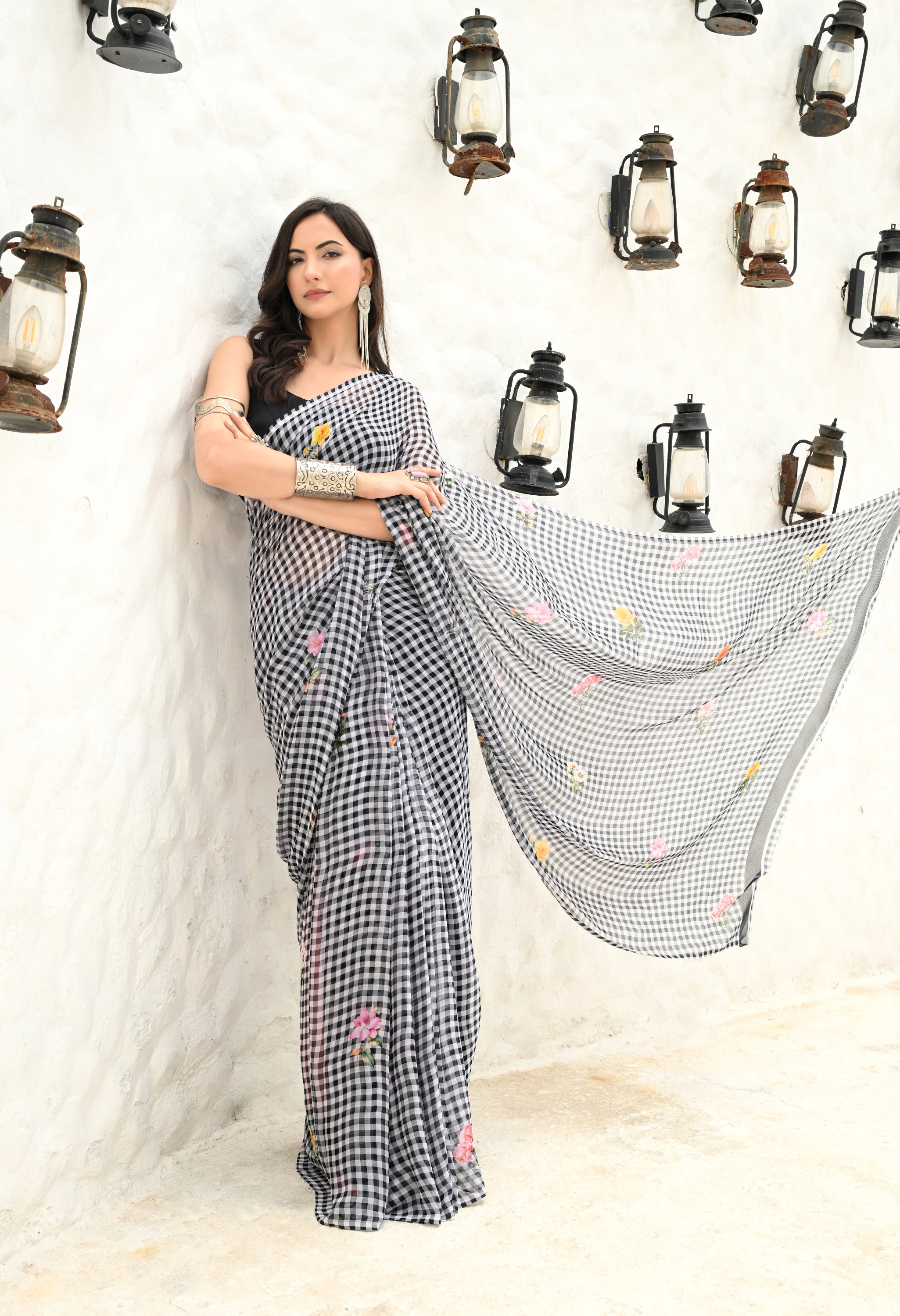 Floral Grid Pure Chiffon Saree