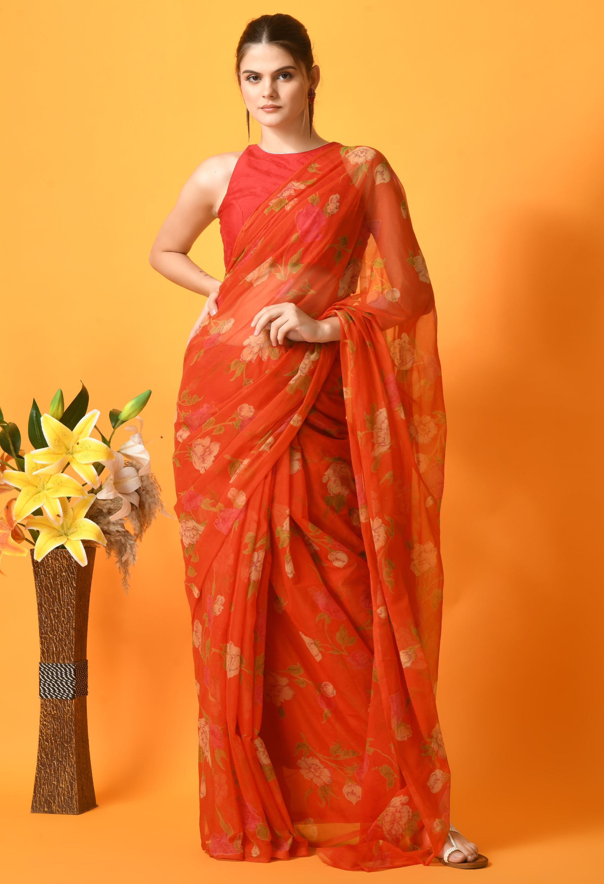 Orange Floral Printed Chiffon Saree