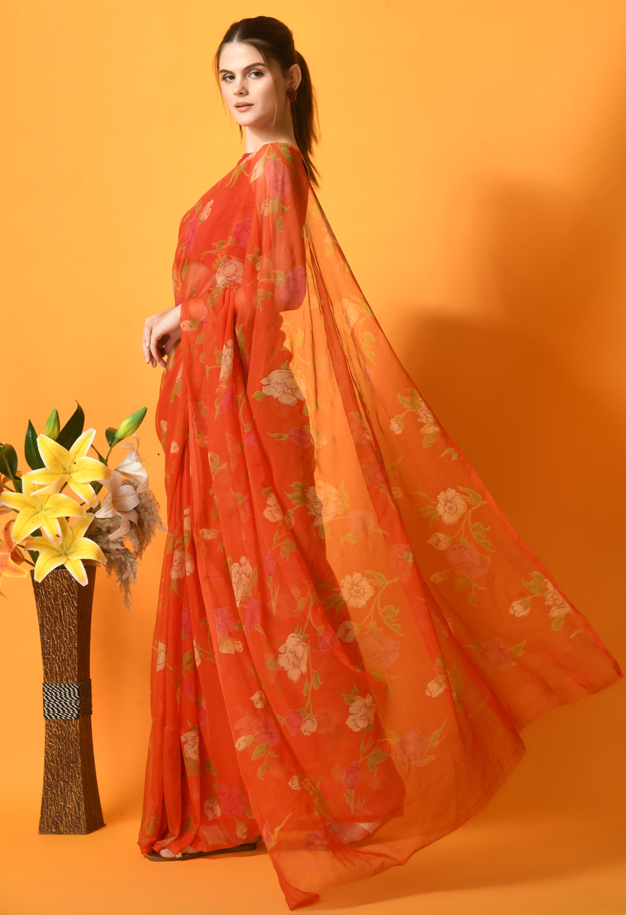 Orange Floral Printed Chiffon Saree