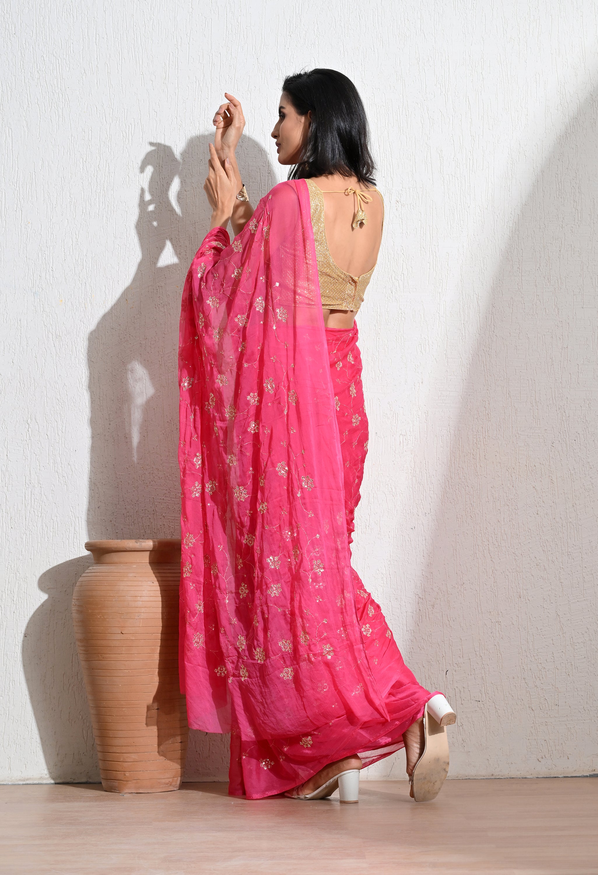 Brillant Rose all over Work chiffon leheriya saree, for festive wear, daily wear saree, and farewell saree, a must for trousseau and pre-wedding styling.