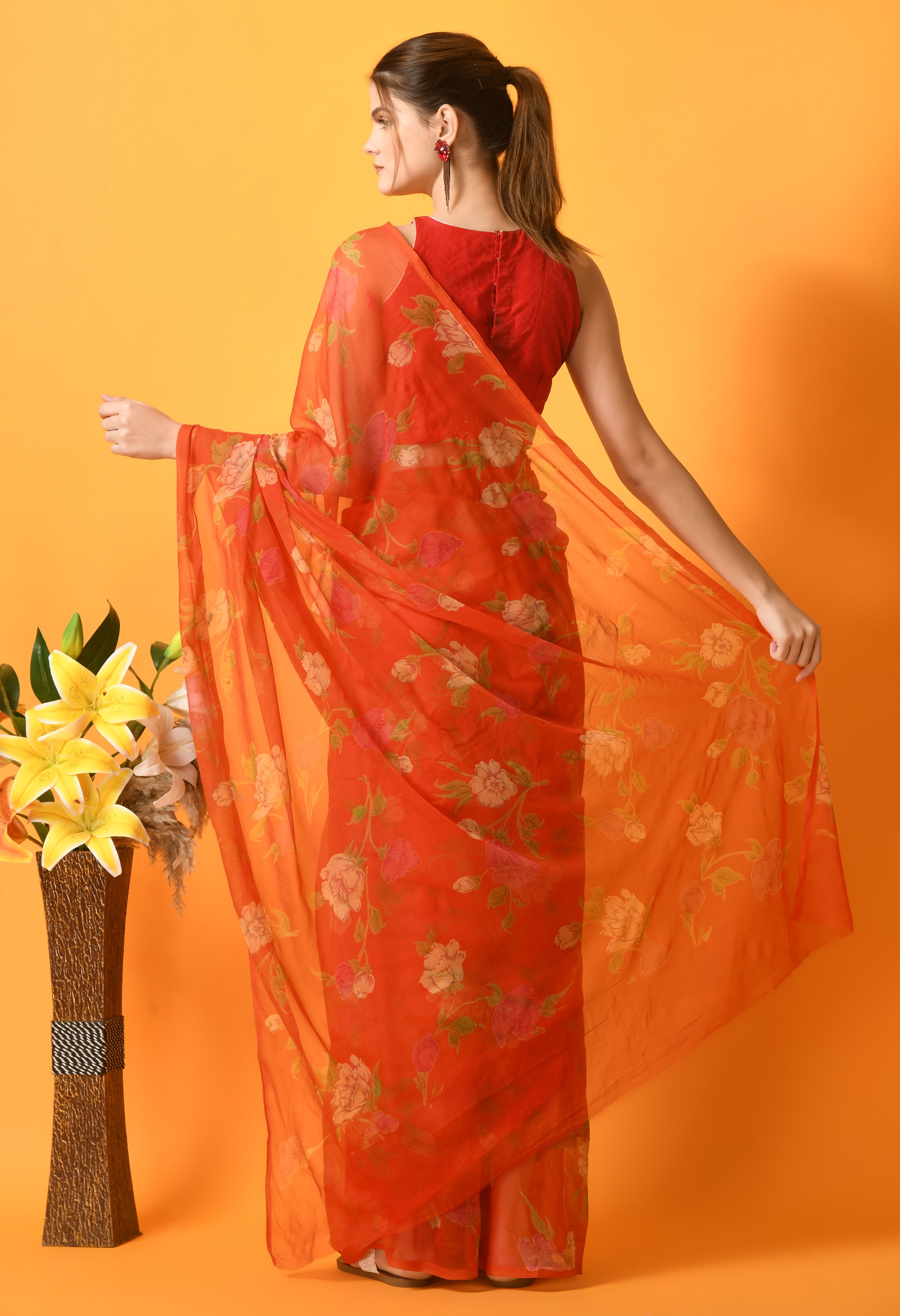 Orange Floral Printed Chiffon Saree