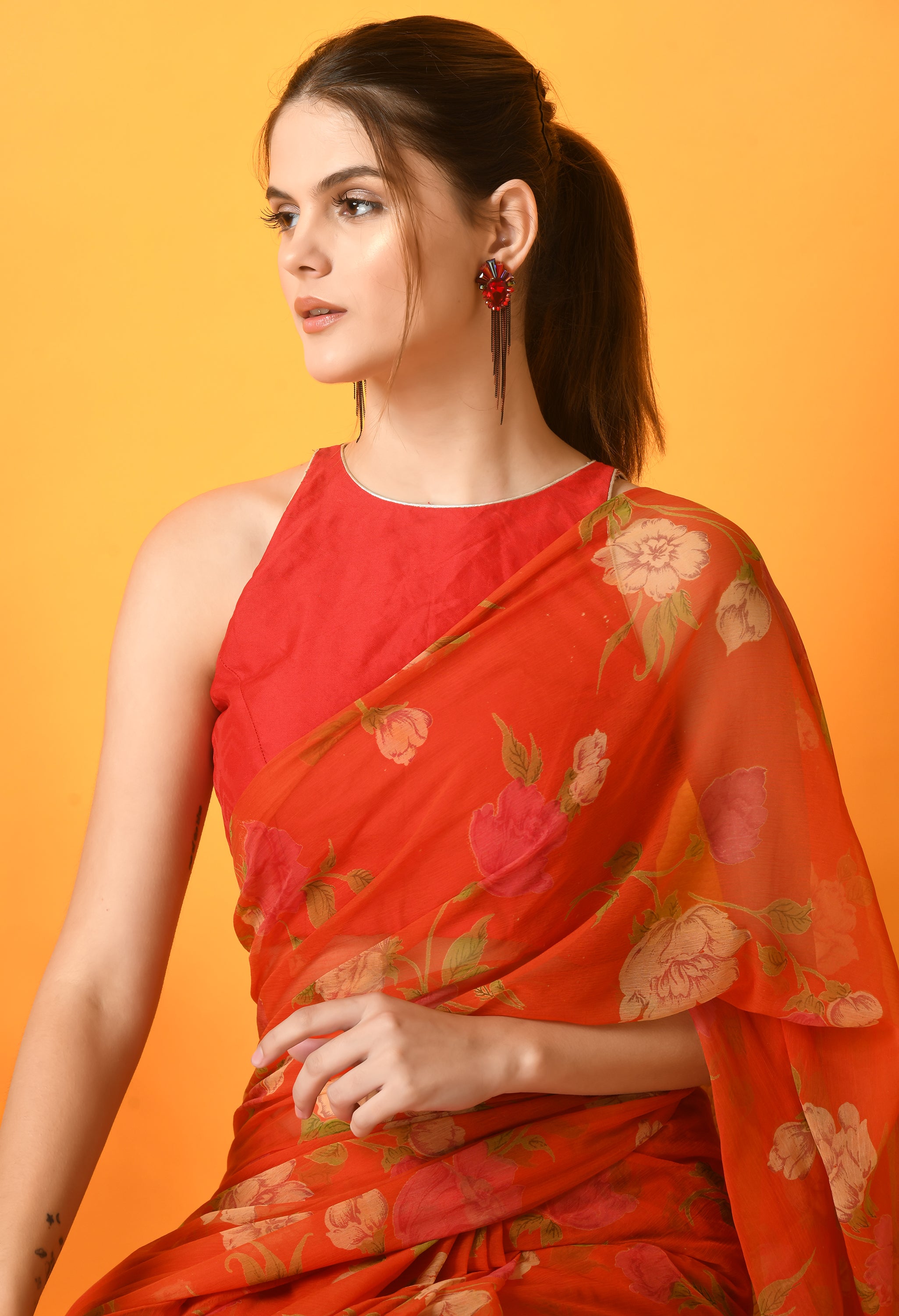 Orange Floral Printed Chiffon Saree