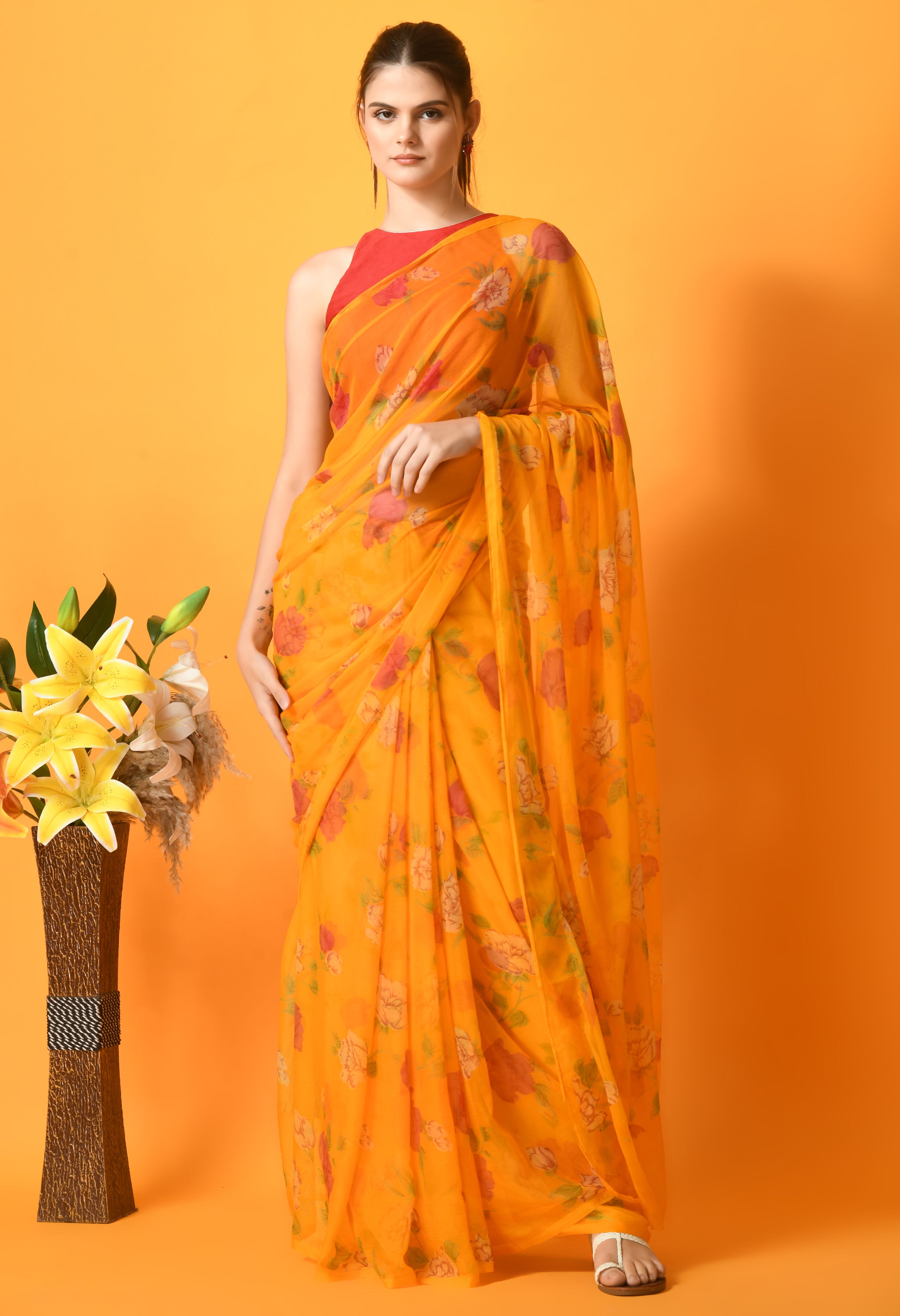 Yellow Floral Printed Chiffon Saree