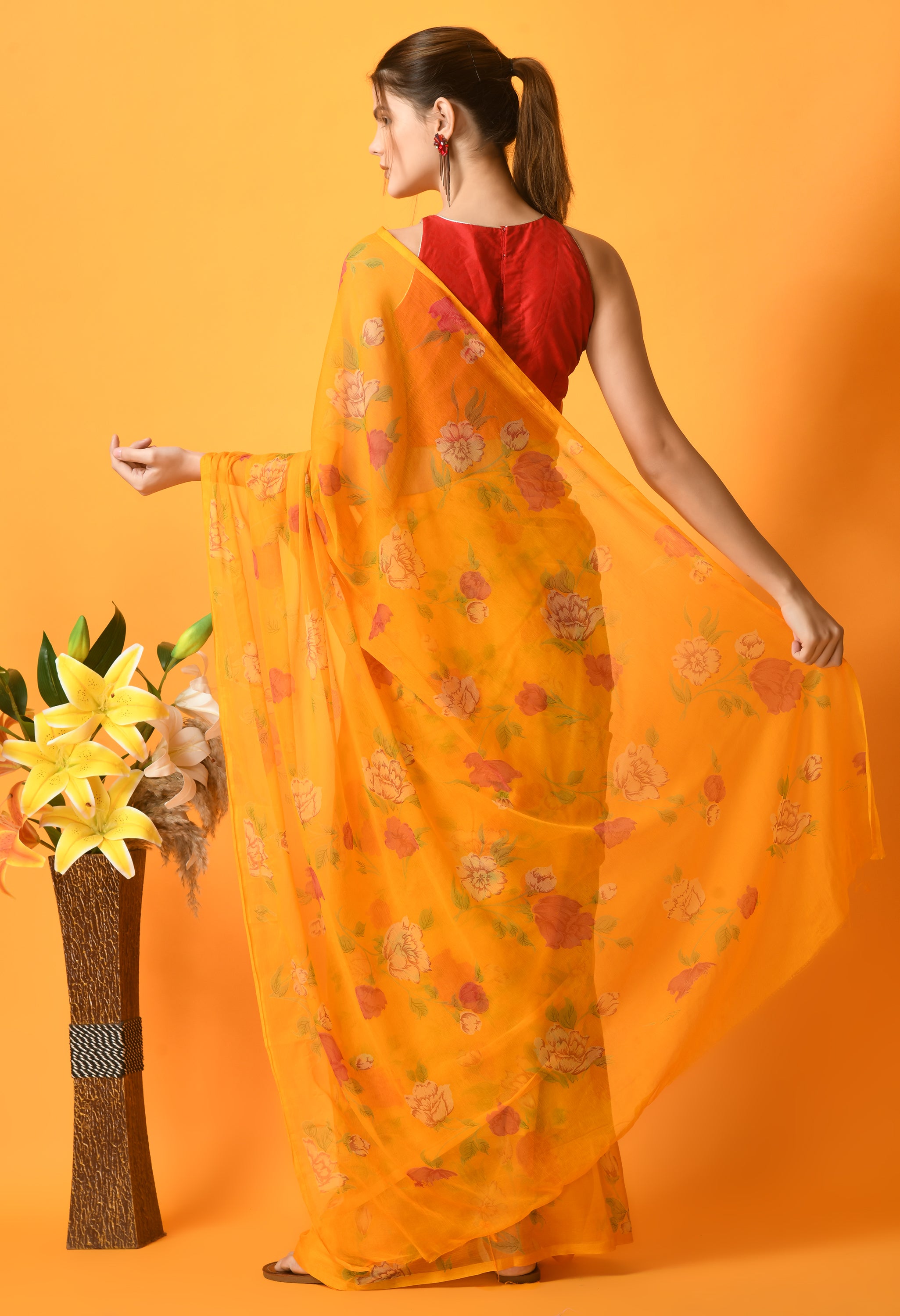 Yellow Floral Printed Chiffon Saree