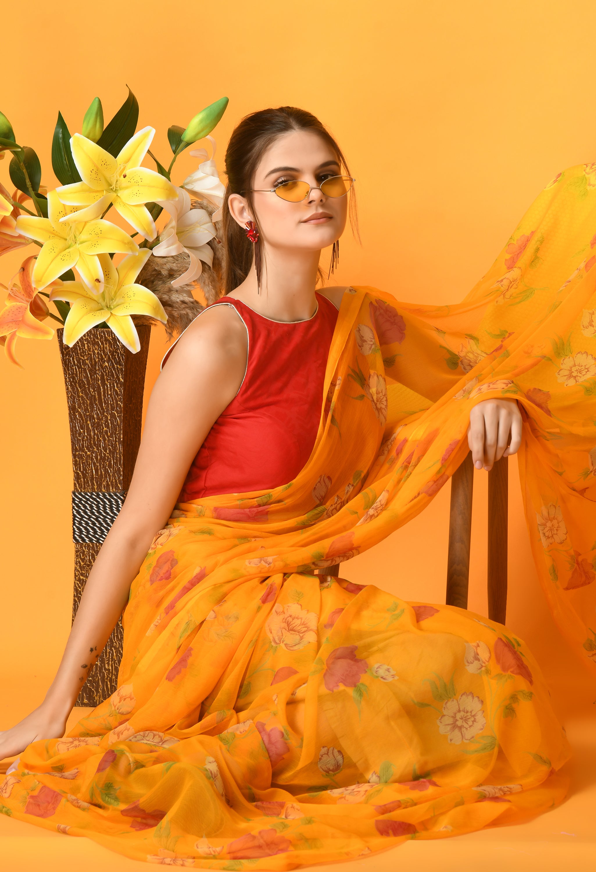 Yellow Floral Printed Chiffon Saree