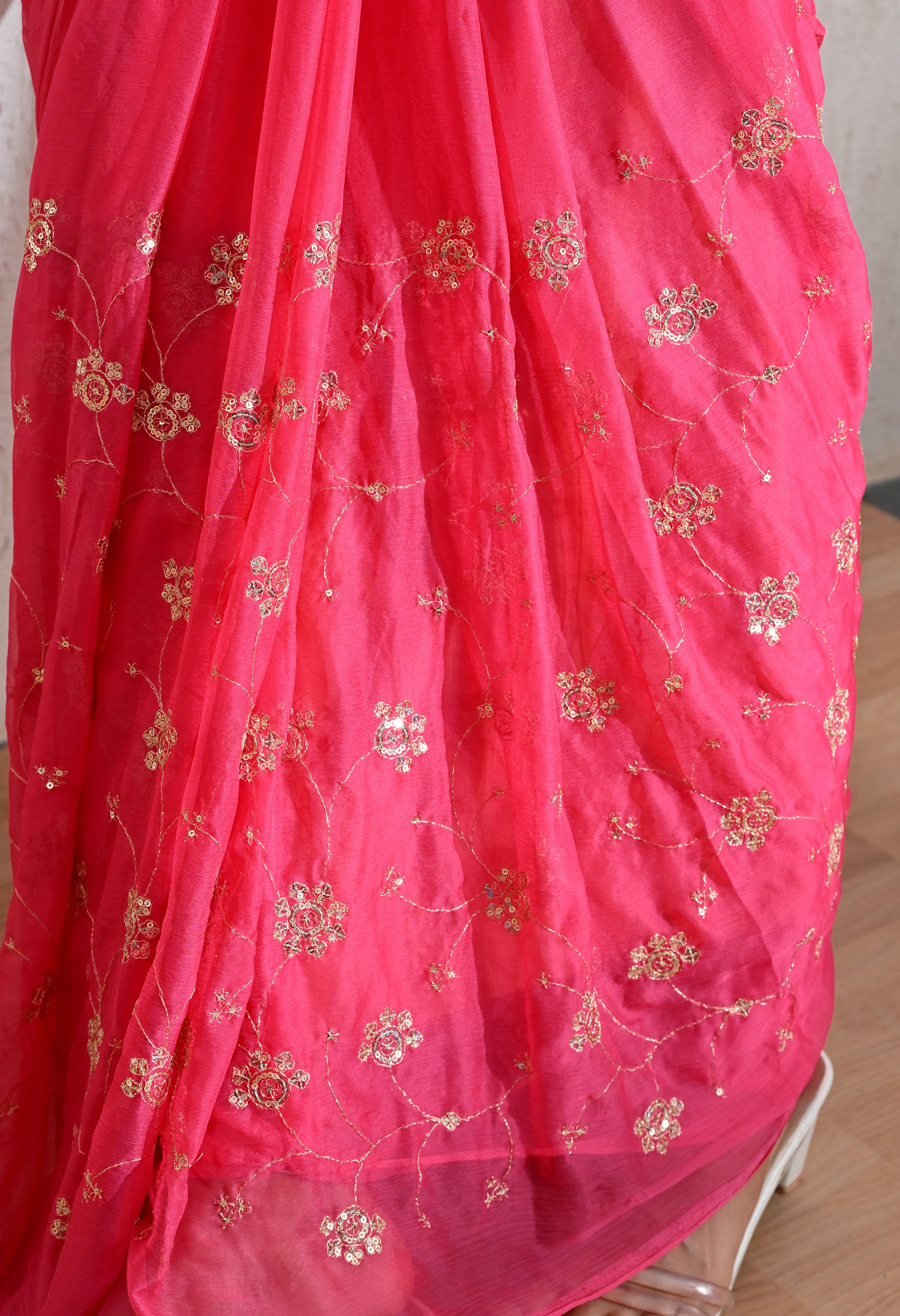 Brillant Rose all over Work chiffon leheriya saree, for festive wear, daily wear saree, and farewell saree, a must for trousseau and pre-wedding styling.
