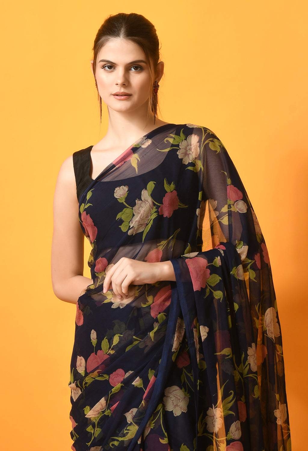 Women's Chiffon Navy Blue Embellished Designer Saree With Blouse Piece